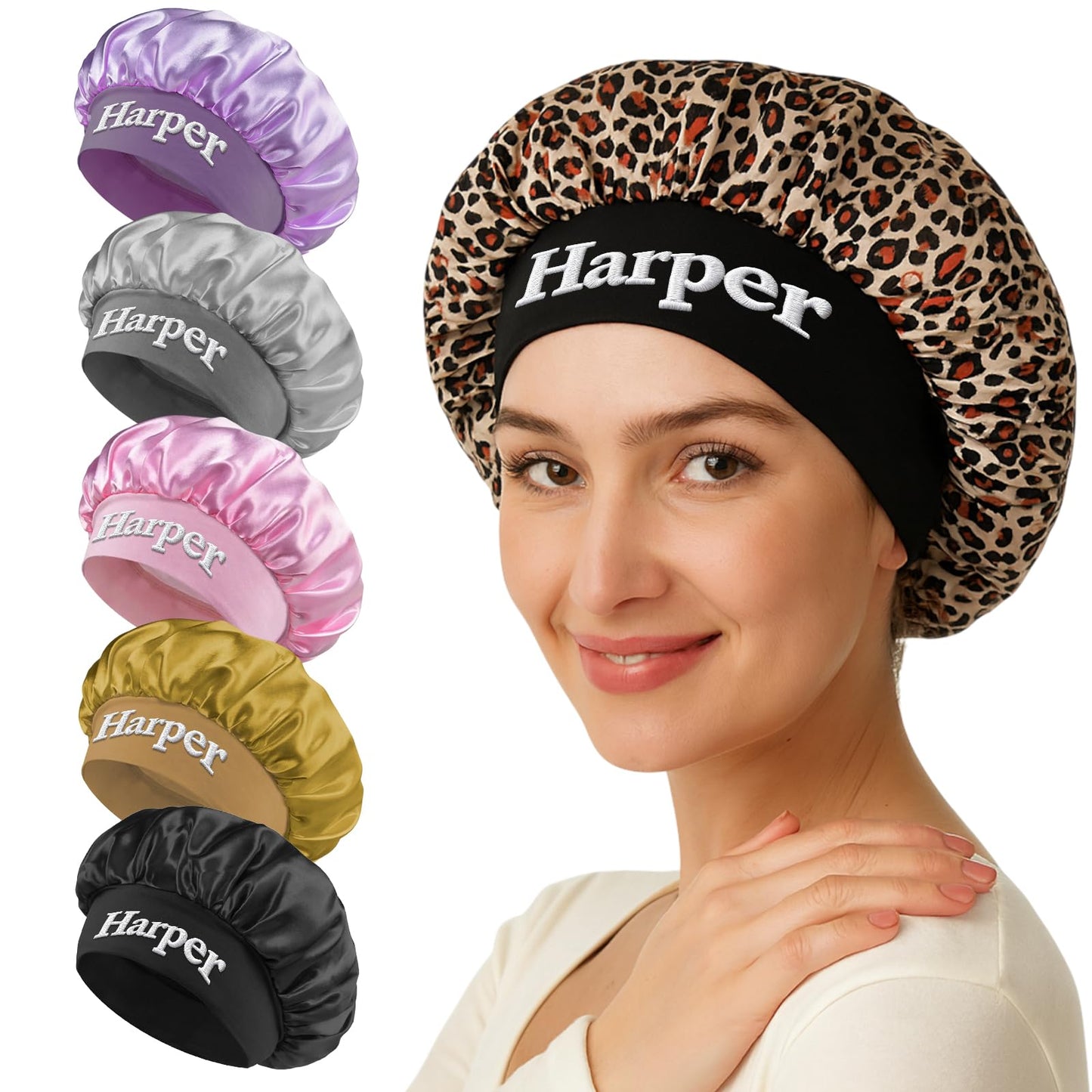 Personalized Hair Bonnet for Sleeping Women Valentines Day Gifts Custom Embroidered Name Silk Bonnets for Women Girls Satin Bonnet Elastic Band Sleep Cap Curly Hair