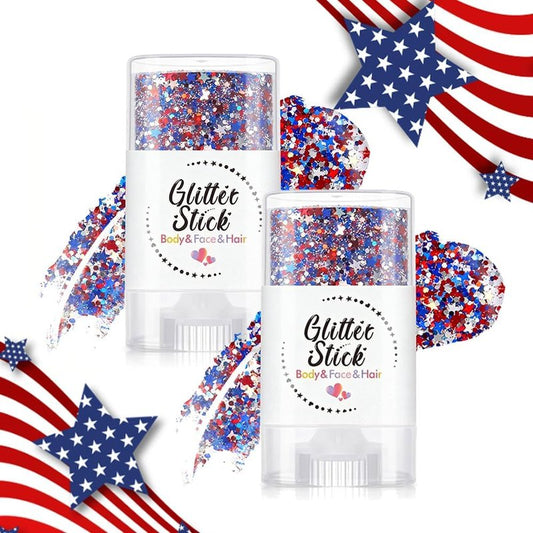 Patriotic Body Glitter Stick - Red, White & Blue Waterproof Face Glitter for 4th of July | 2-Pack