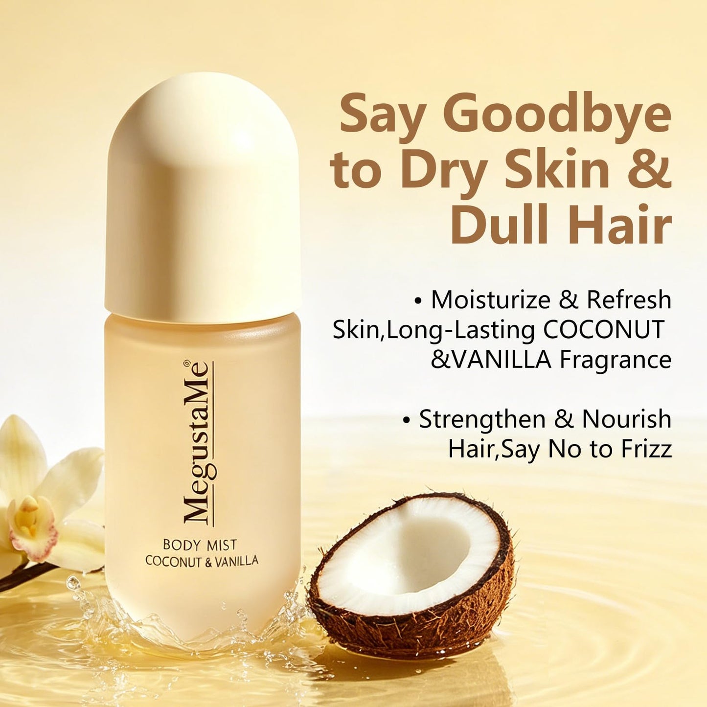 MegustaMe Coconut Vanilla Body & Hair Spray for Women, Long-Lasting Fresh Fragrance, Paraben-Free & Phthalate-Free, 2-in-1 Hair & Body Mist, 3.38 fl oz (100ml)