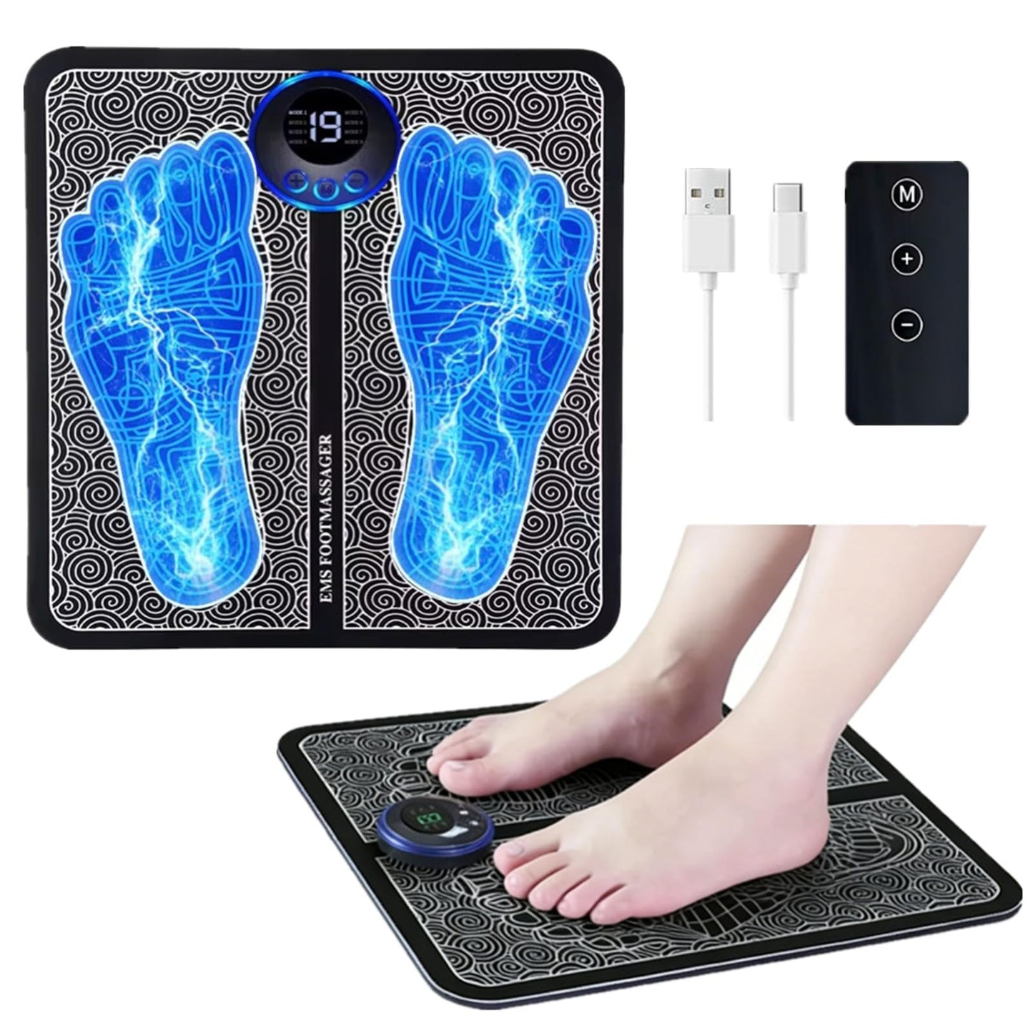 EMS Foot Massager Mat, Portable Foot Massager with Remote Control, Suitable for Both Men and Women, with 8 Modes and 19 Intensity Levels