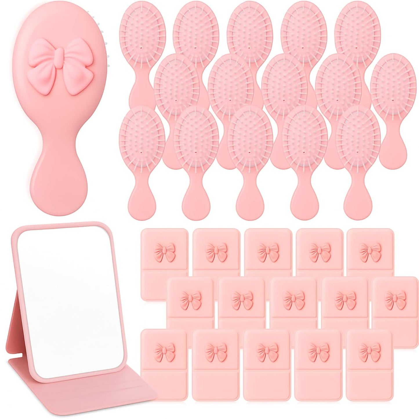 Coquette Bow Compact Mirror & Mini Hair Brush Set - 30 Pcs | Pink Travel Detangling Brushes for Parties & Gifts
