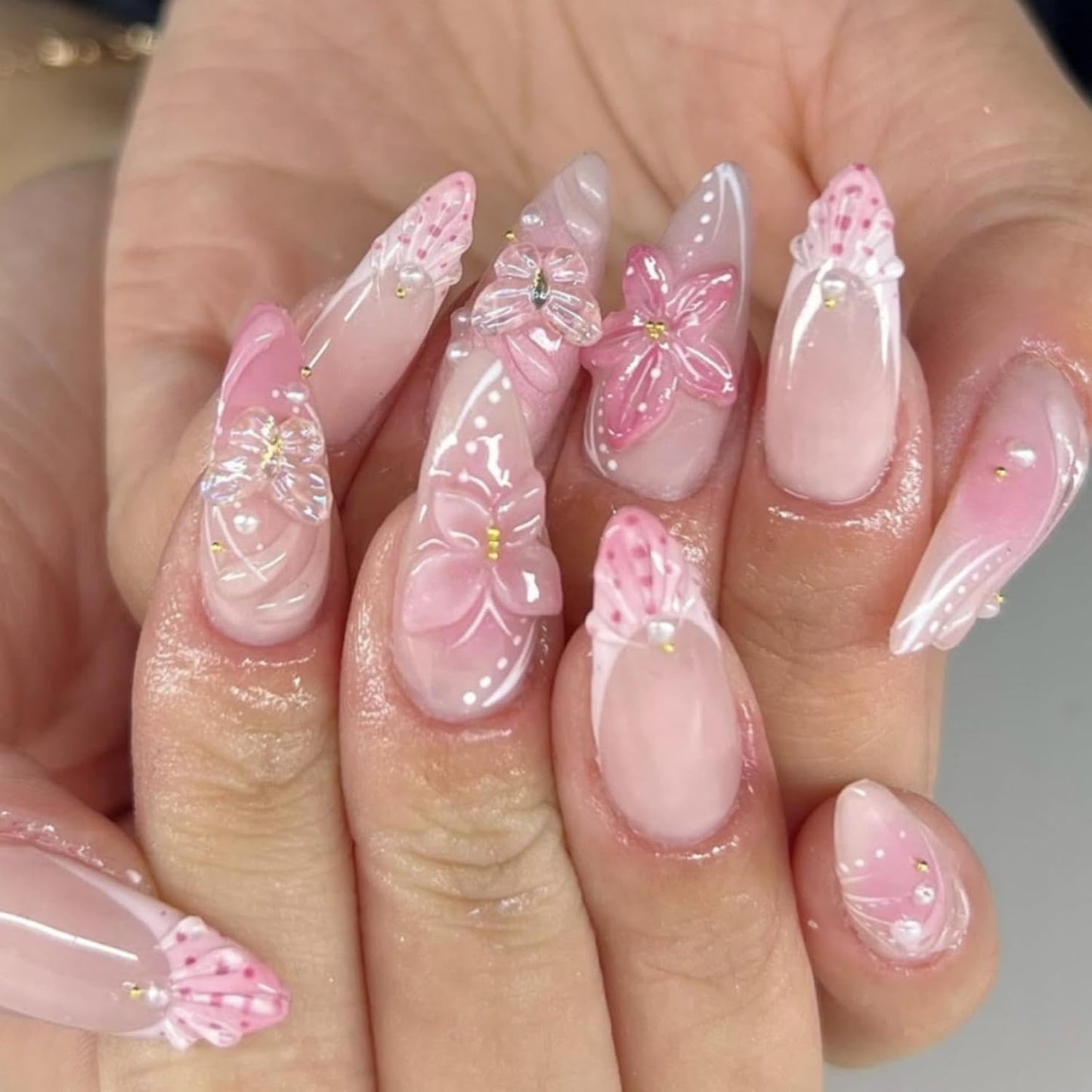 Flower Nail Press Ons - French Tip 3D Floral Butterfly Acrylic Nails | Glossy Pink Medium Almond Full Cover - 24 Pcs
