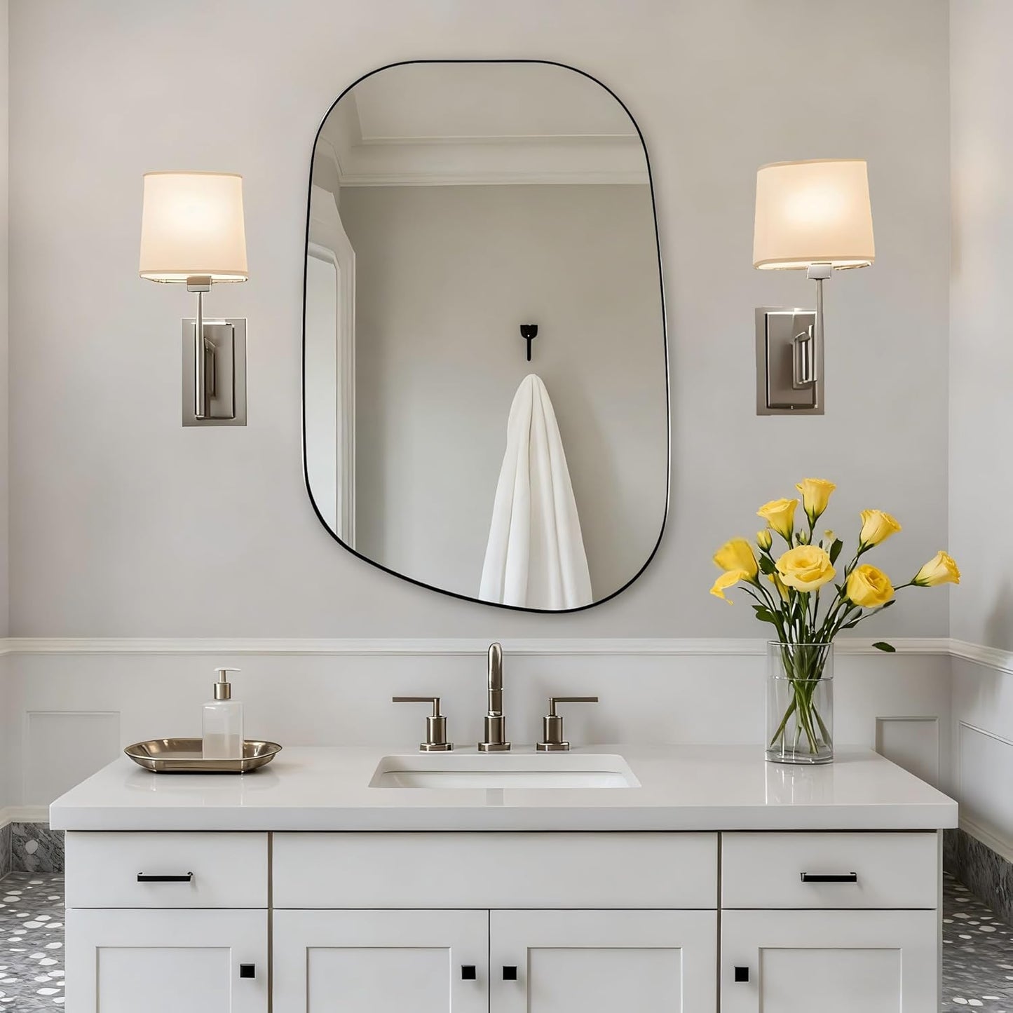 Chrome Asymmetrical Wall Mirror - Unique 24"x32" Irregular Design with SUS304 Stainless Steel Frame for Bathroom, Bedroom, Entryway