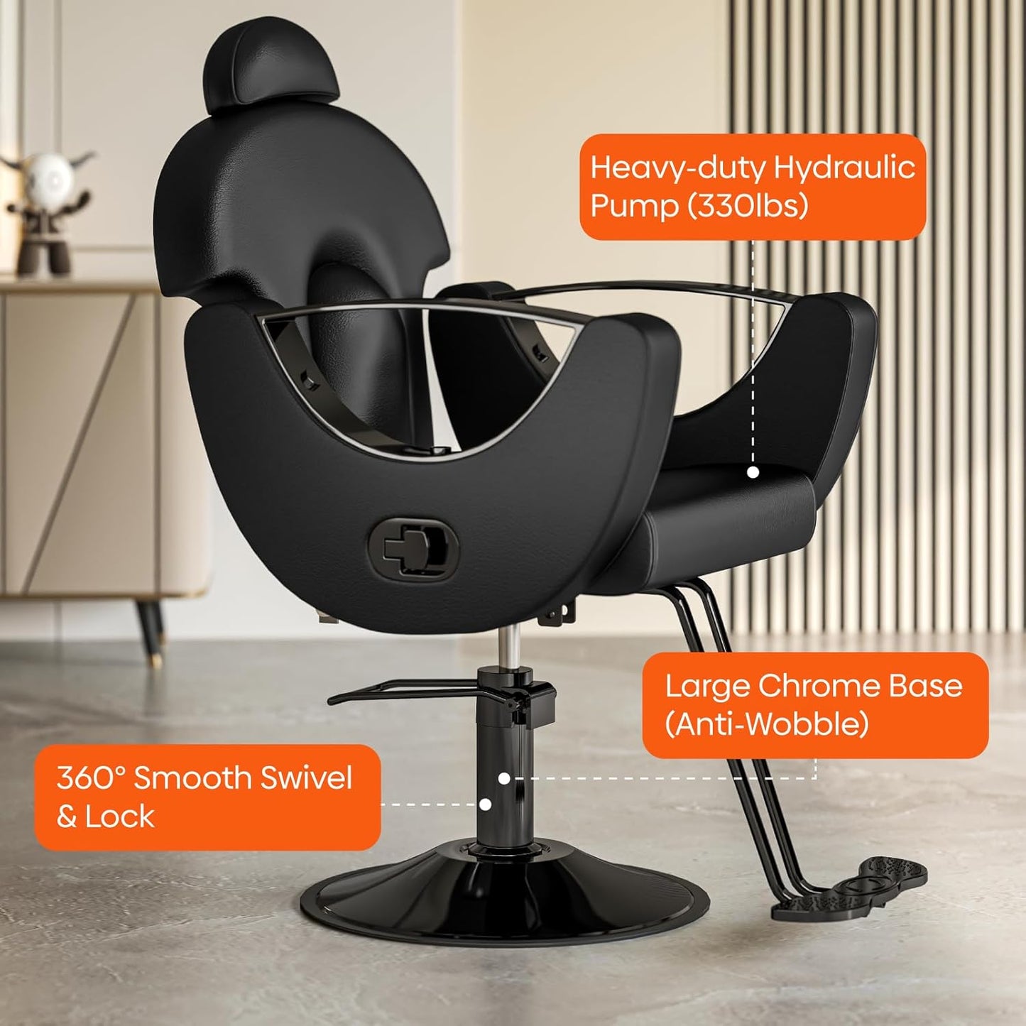 Reclining Salon Chair - 360° Swivel & Height Adjustable Heavy-Duty Styling Seat for Beauty Salons | Black