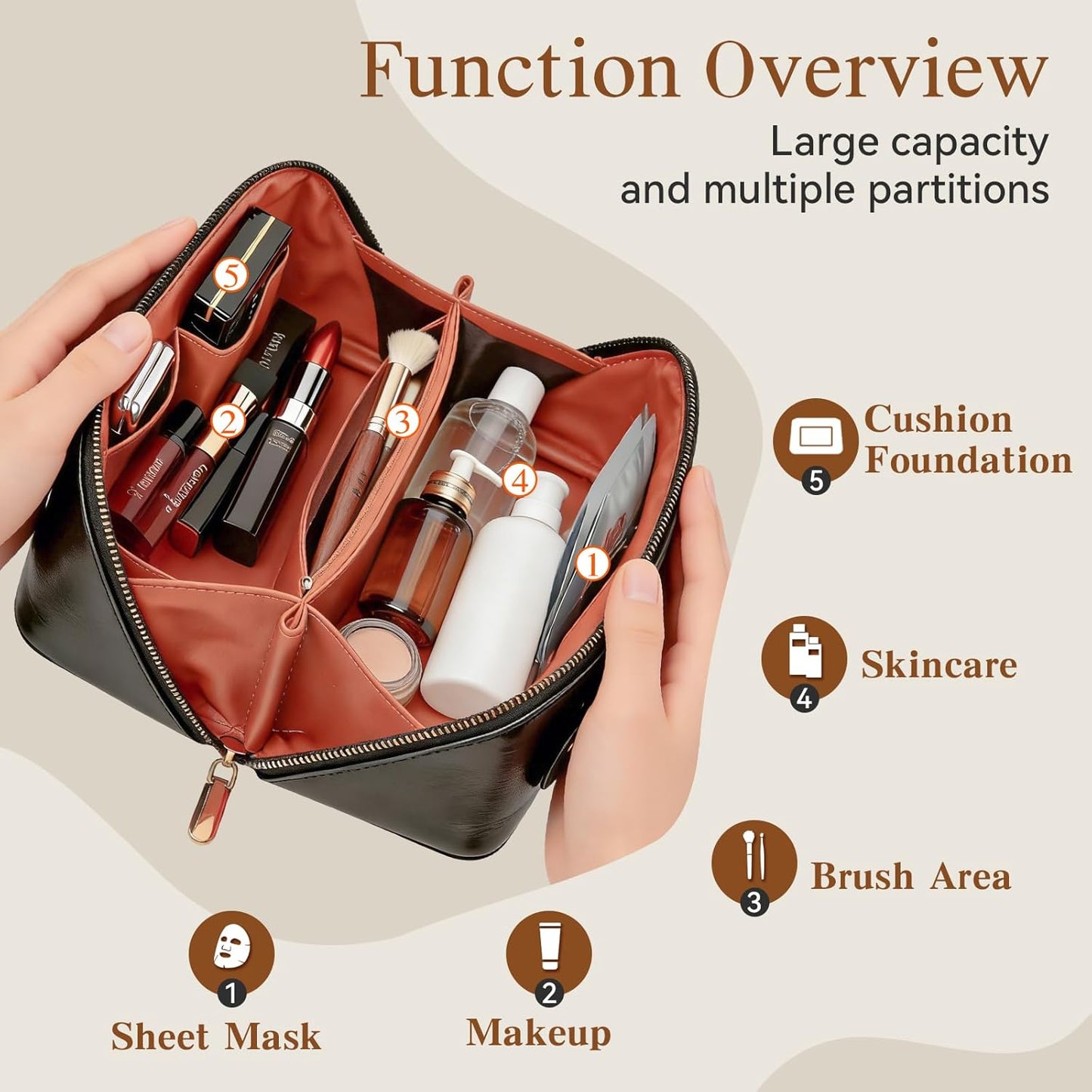 Large Capacity Travel Makeup Bag - Waterproof Cosmetic Organizer with Compartments | Black