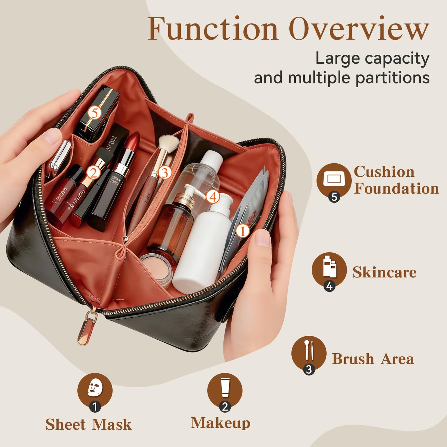 IDELCHOIS Travel Makeup Bag Large Capacity Cosmetic Bags for Women, Waterproof Toiletry Bag Open Flat Makeup Bag with Compartments and Handle, Portable Cosmetic Organizer Pouch, Brown