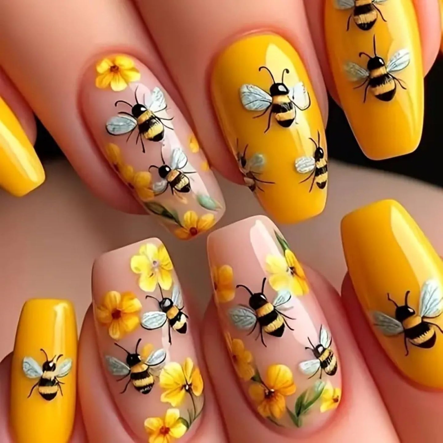 Colorful Press On Nails - Long Coffin Fake Nails with Rainbow Heart & Flower Design | Reusable Glossy Acrylic Nails for Women