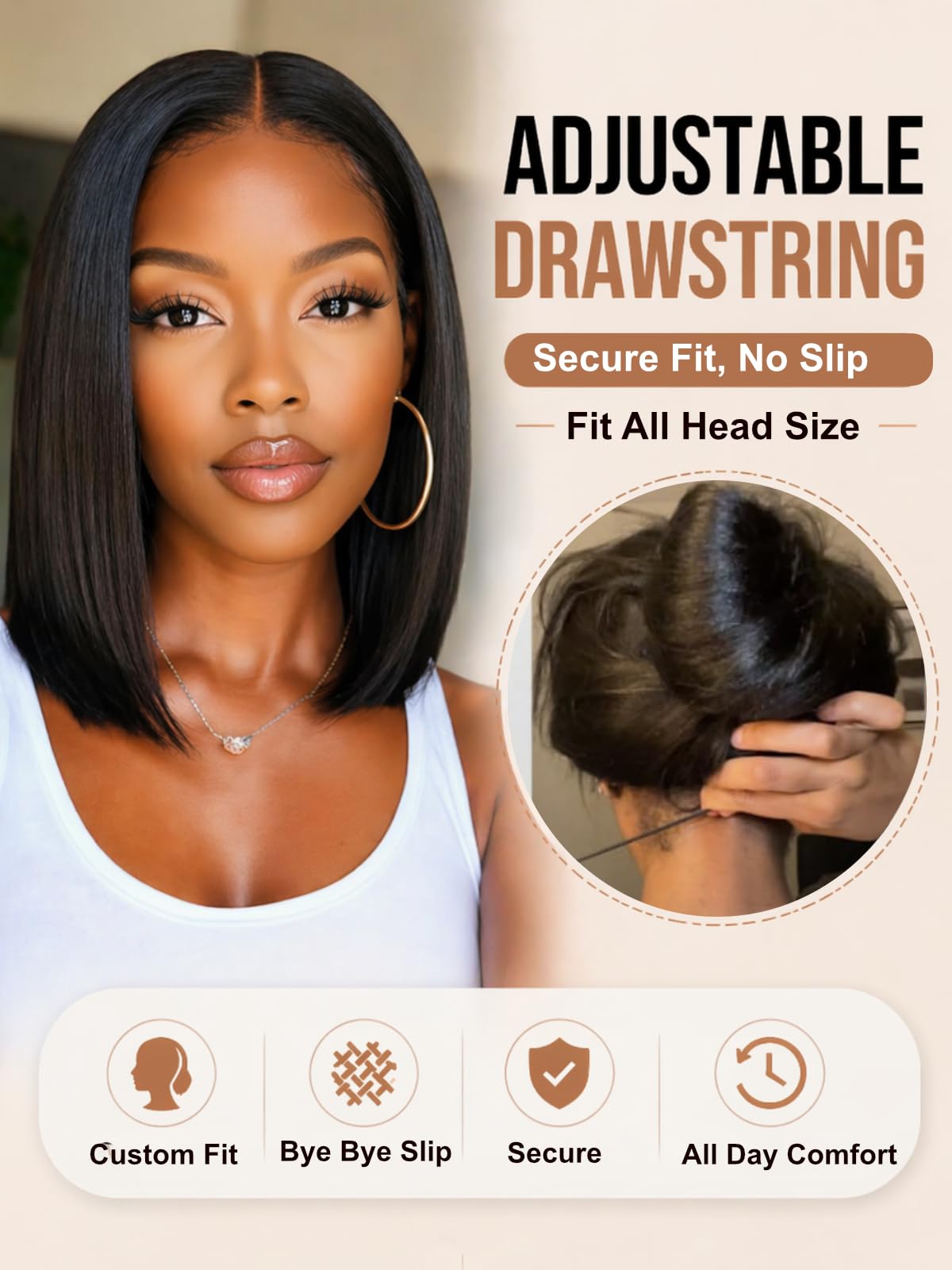 UNICE 10Inch Straight Bob Wig Human Hair, 7x5 Lace Front Glueless Wig, Pre-Plucked Pre-Cut Bleached Knots, 150% Density, Beginner Friendly Drawstring Wig, Secure Fit Put On and Go Natural Hairline
