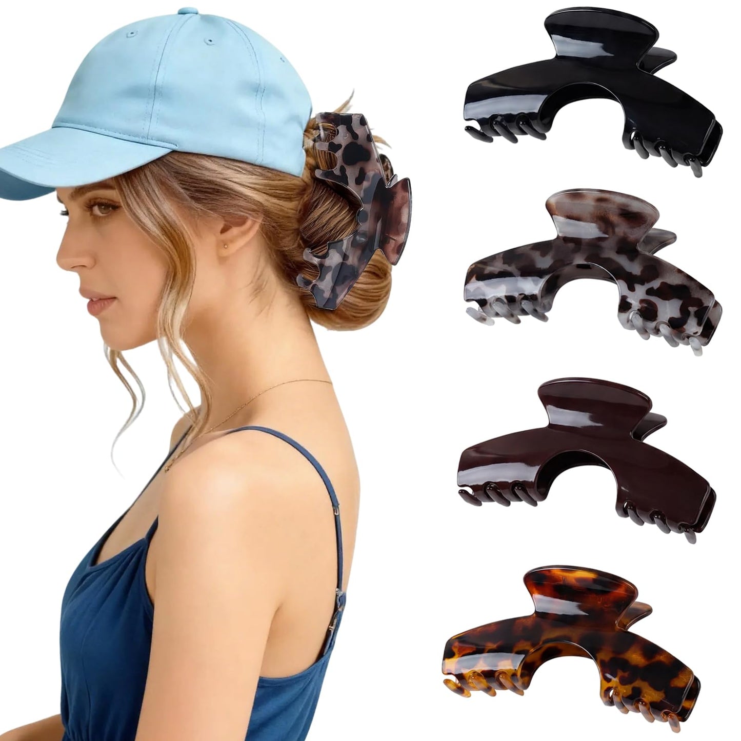 4PCS Large Hat Claw Clip, 5.1" Claw Clip for Hat Designed for Women & Girls,Tortoise Shell Acetate Material,Non-Slip Strong Hold for Thick,Thin,Curly & Long Hair,Stylish Hair Accessories