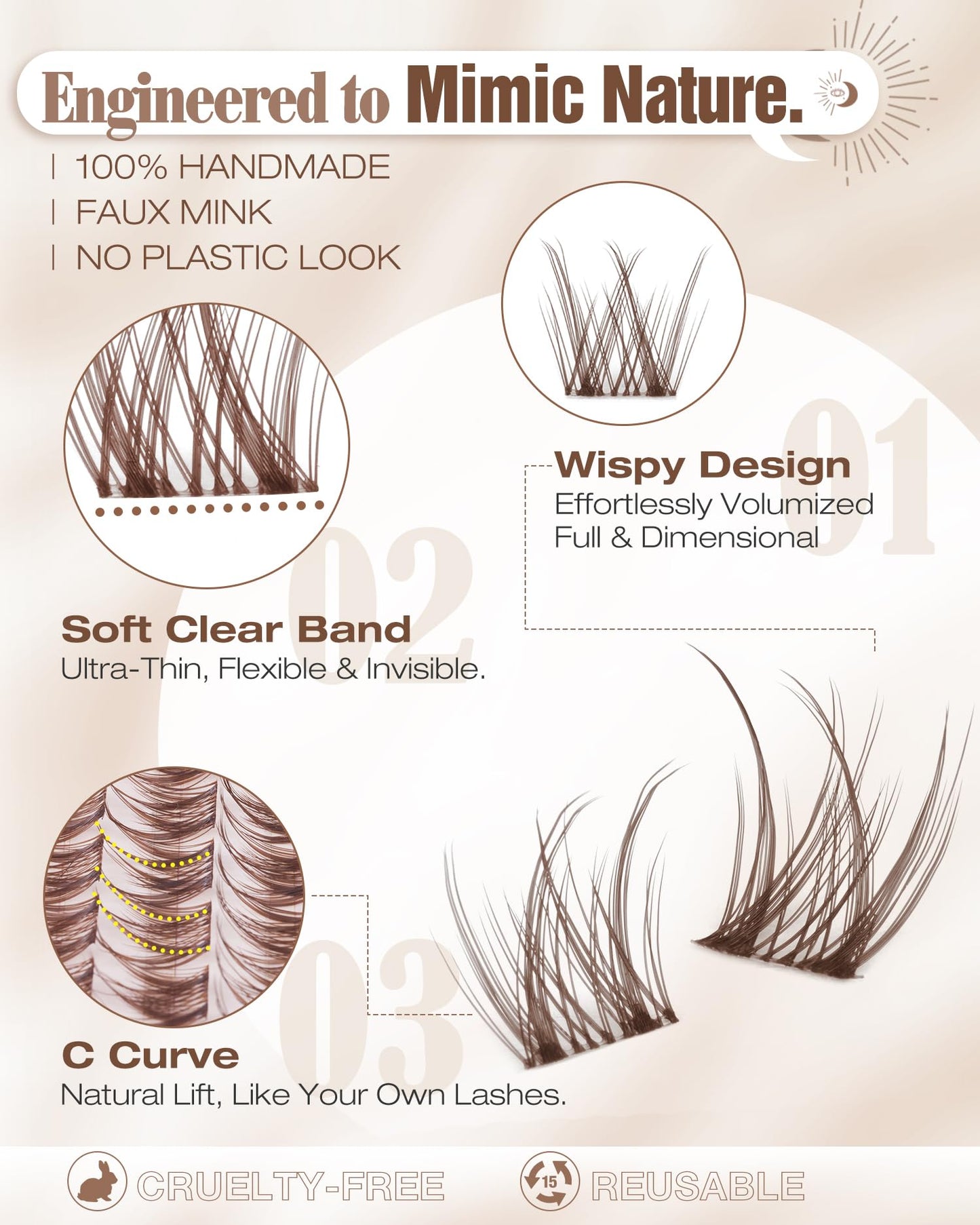 Brown Lash Clusters 8-10-12MM Short Wispy Eyelash Extensions with Natural C Curl and Flexible Clear Band 144Pcs Pestañas Postizas Marrón, Easy Application, For Blondes and Redheads