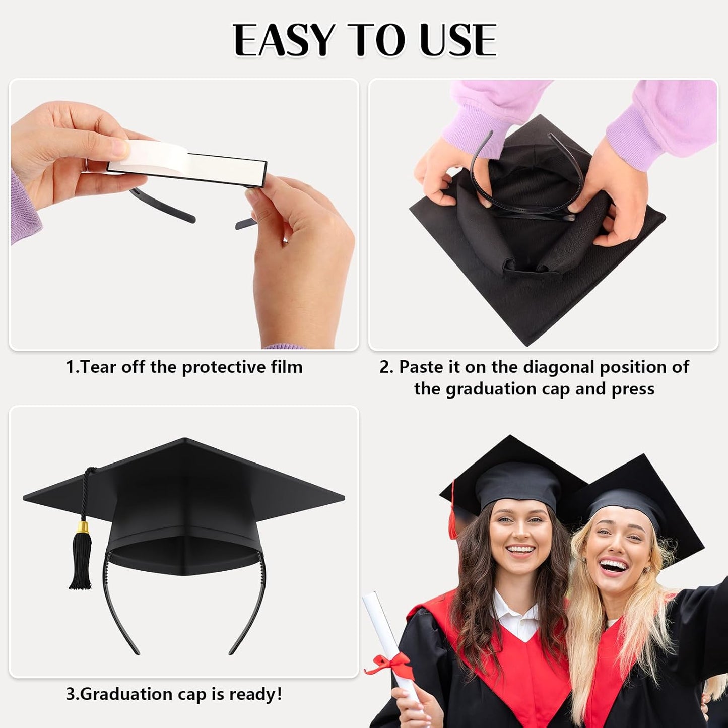 Graduation Cap Headband - 2 Pack Securely Holds Caps & Keeps Your Hairstyle Intact | Adjustable Fit