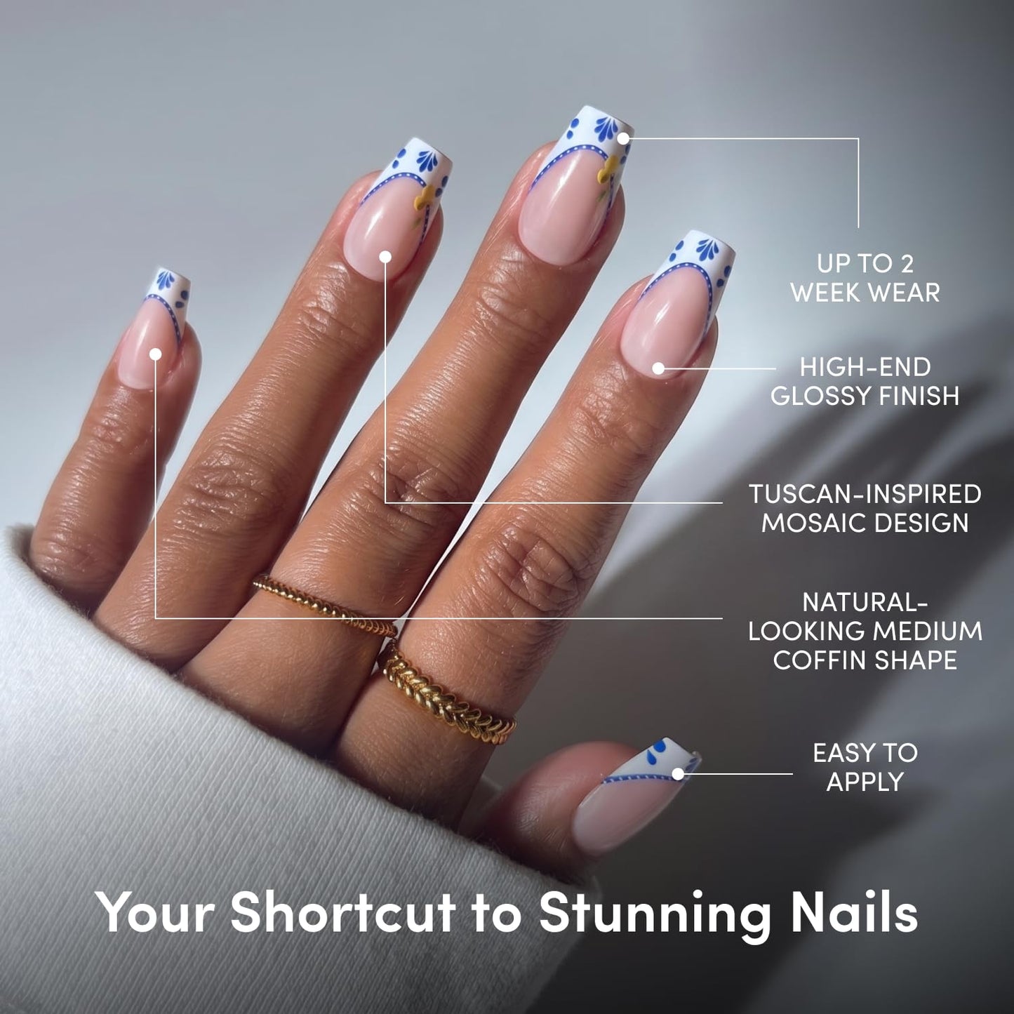 Glamnetic Press On Nails - Medium Coffin Blue & White French Tip Set | 30 Nail Kit with Glue - Salon Quality Vacation Nails