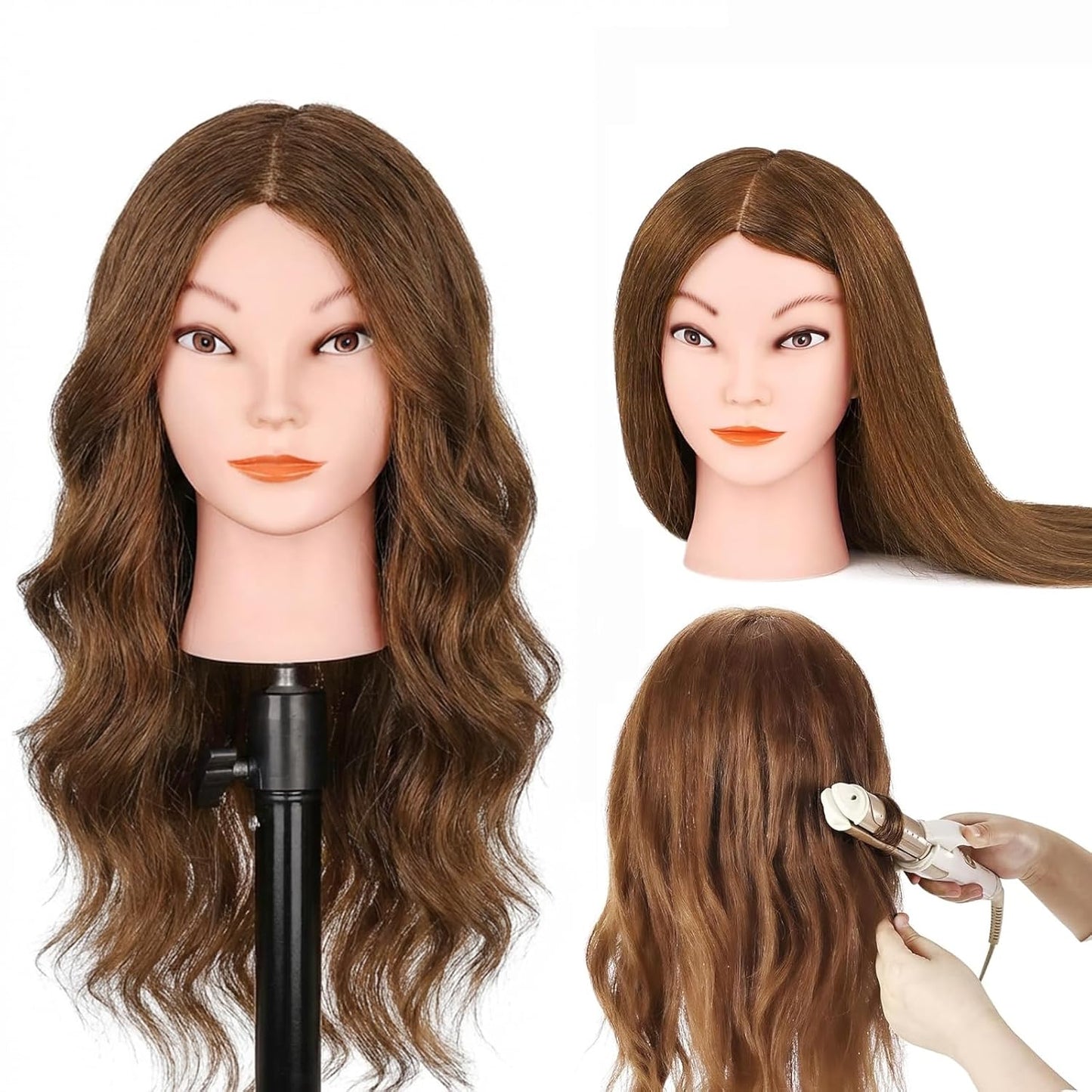 Beauty Star Mannequin Head - 18-Inch Real Human Hair Styling Head for Braiding & Cosmetology Training | Dark Brown Hair, Blue Eyes