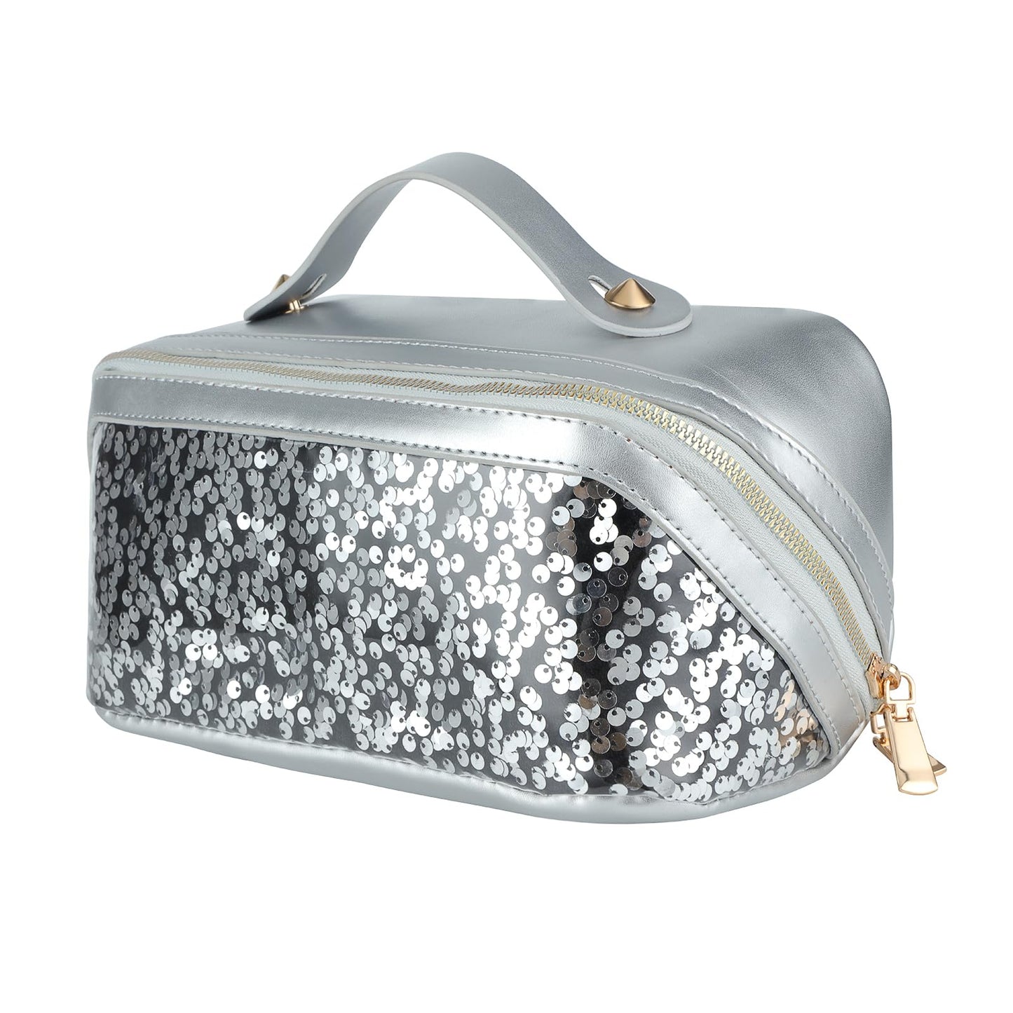Travel Makeup Bag,Makeup Organizer Bag,Toiletry Bag,Large Capacity with Glitter Sequin Cosmetic Bag,Open Flat Toiletry Bag Make up Organizer with Divider and Handle (Silver)