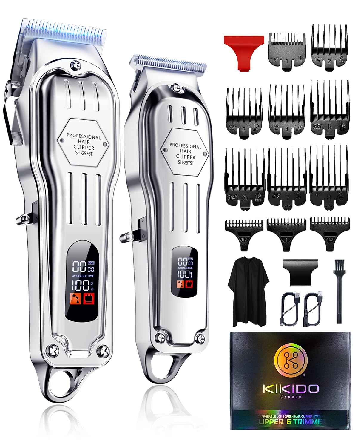 KIKIDO Hair Clippers Professional Cordless for Men, Barber Clippers for Hair Cutting Kit, Wireless LCD Display Hair Trimmers Set, Rechargeable Haircut Machine for Family (Silver)