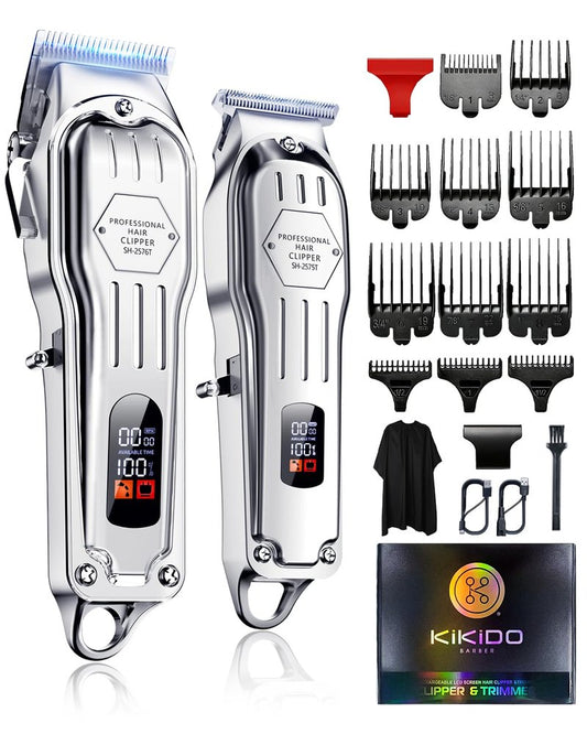 KIKIDO Hair Clippers Professional Cordless for Men, Barber Clippers for Hair Cutting Kit, Wireless LCD Display Hair Trimmers Set, Rechargeable Haircut Machine for Family (Silver)
