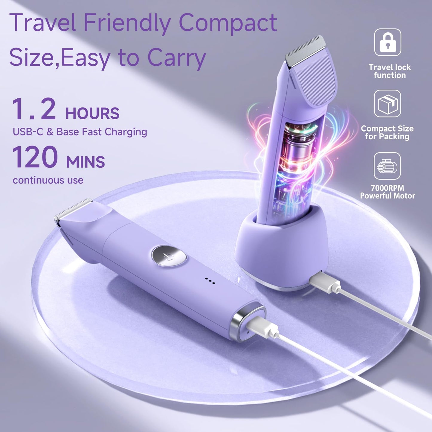 Likefun Bikini Trimmer for Women - 3-in-1 Painless Electric Razor, Ceramic Blade Cordless Body & Facial Shaver for Face, Legs & Pubic Hair, Wet & Dry Use, USB-C Rechargeable, Gifts for Women (Purple)