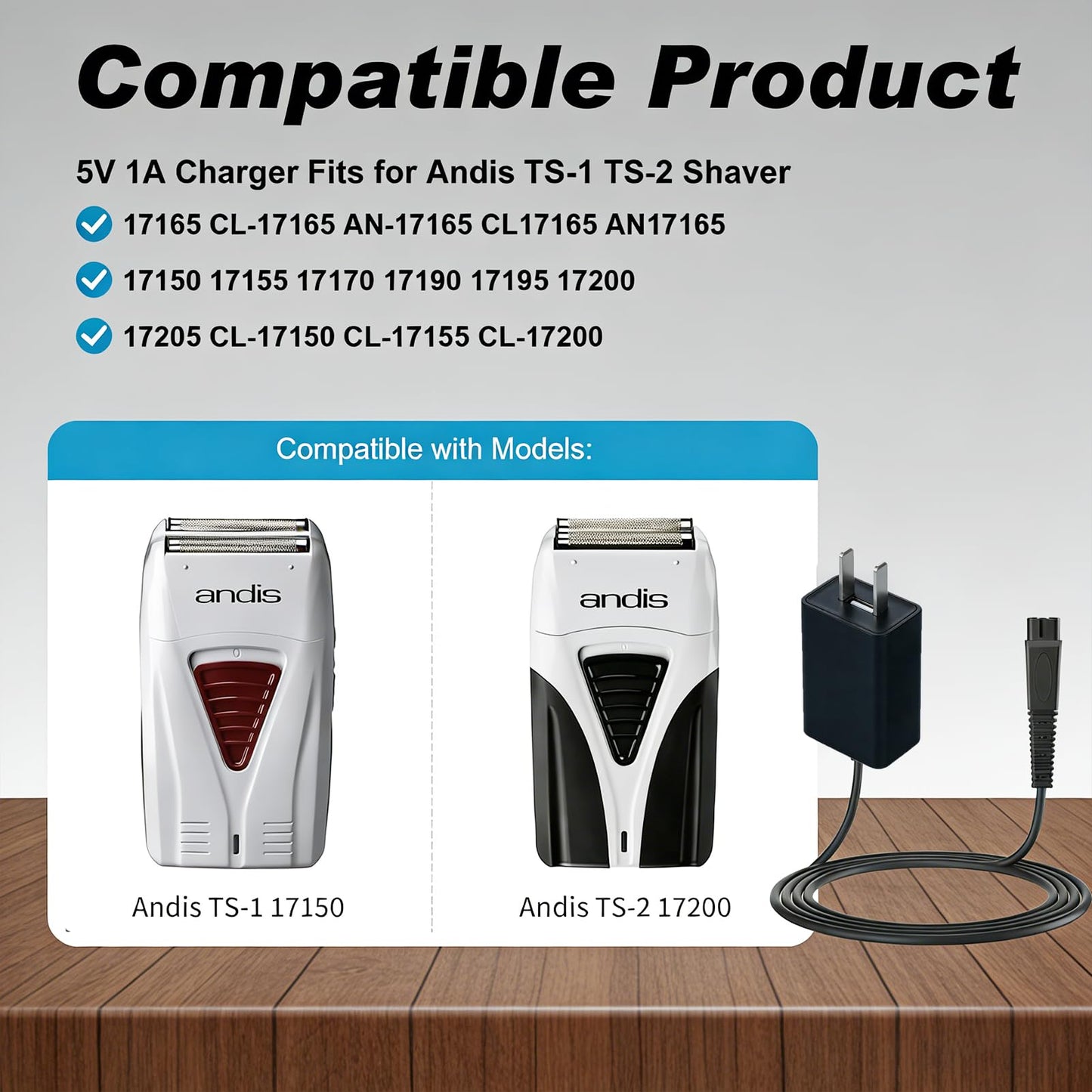 Charger Replacement for Andis Shaver ProFoil TS-1 TS-2 Clippers, 5V 1A Power Cord Adapter