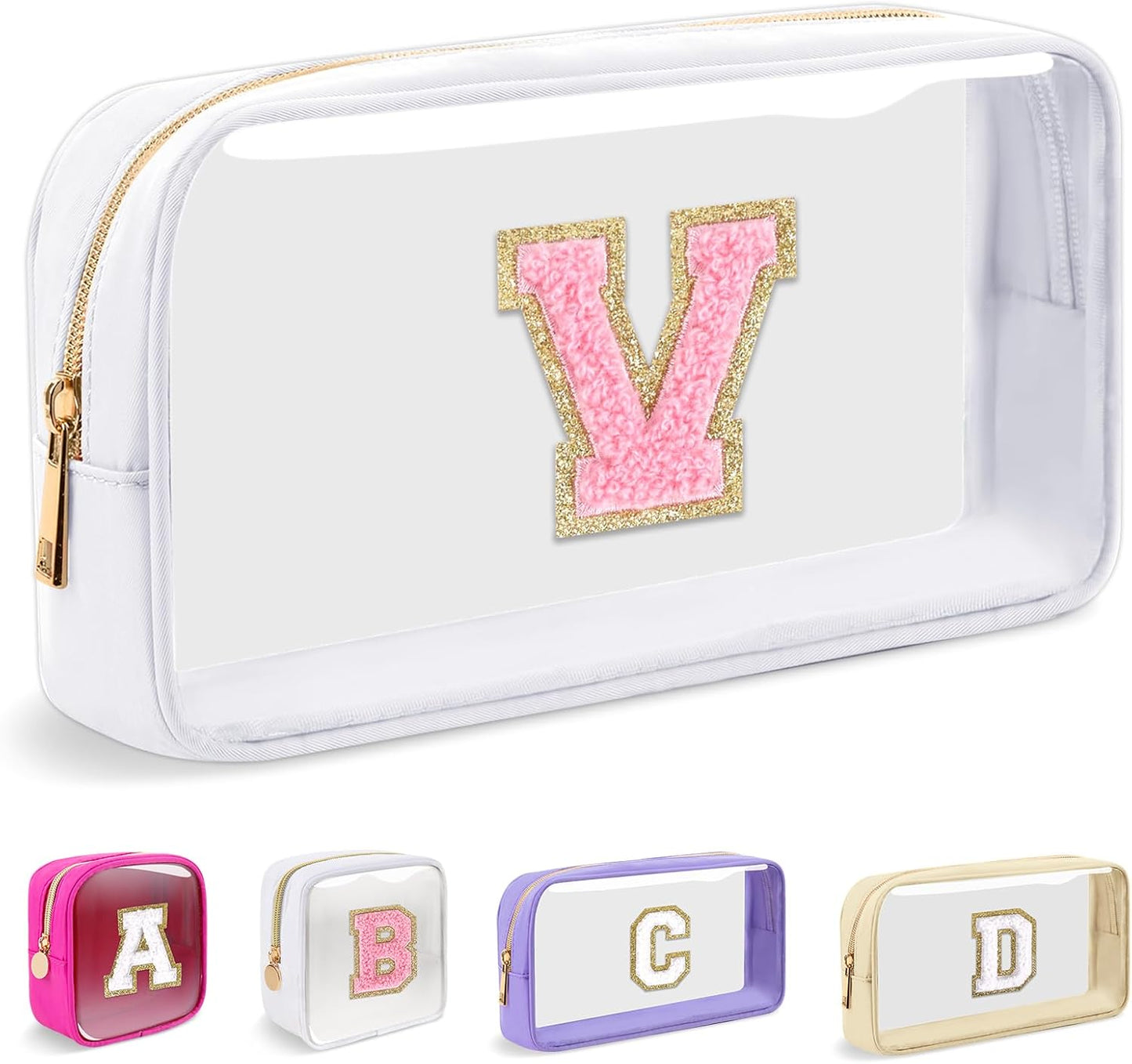 Personalized Initial Makeup Bag - Waterproof Nylon Cosmetic Pouch | A-Z Chenille Letter Patch, White-Pink G