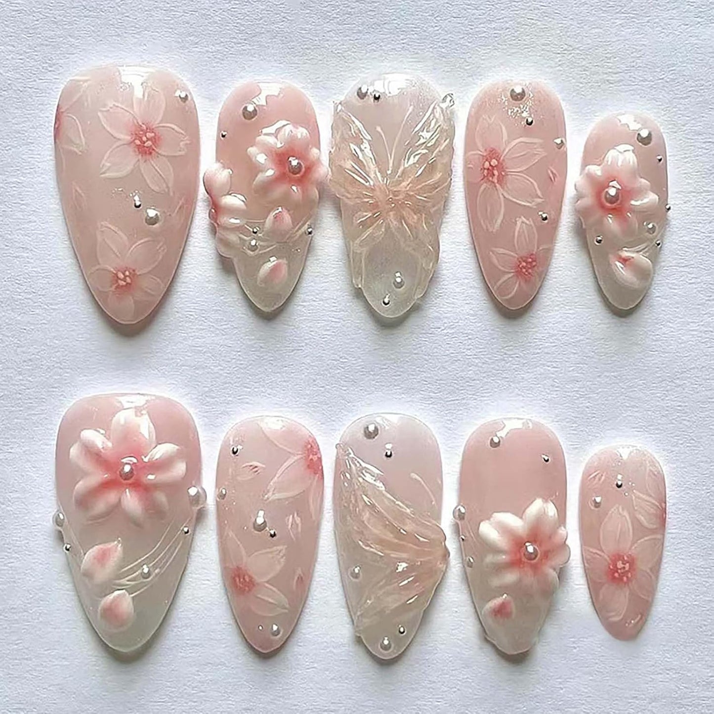 Press-On Nails - 24Pcs Medium Almond Beach Flower Design | Full Cover Acrylic with Shell & Starfish Rhinestones