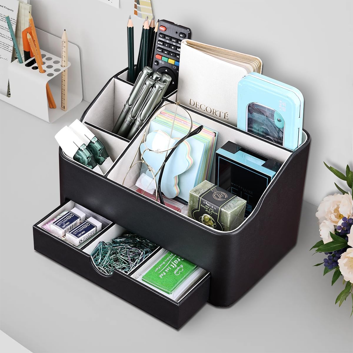 Leather Makeup Organizer - Stylish Cosmetic Storage with Drawer | Dresser & Vanity Organizer for Lipstick, Brushes & Skincare (Black)
