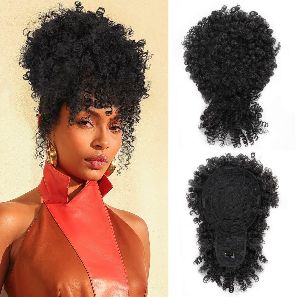 Drawstring Ponytail for Black Women - Kinky Curly Afro Puff Hair Extension with Bangs | Natural Updo Wig