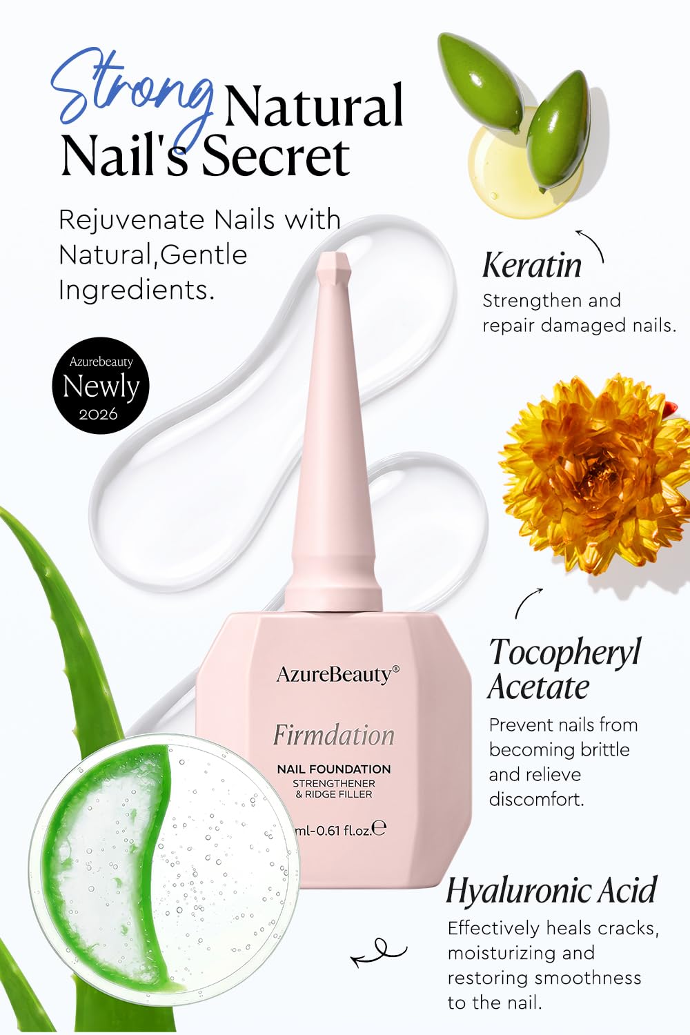 AzureBeauty 18ml Nail Strengthener for Weak & Damaged Nails, Clear Transparent Peel Off Nail Repair Treatment, Ridge Filler & Nail Concealer Foundation, Quick Dry Nail Hardener for Brittle Nails
