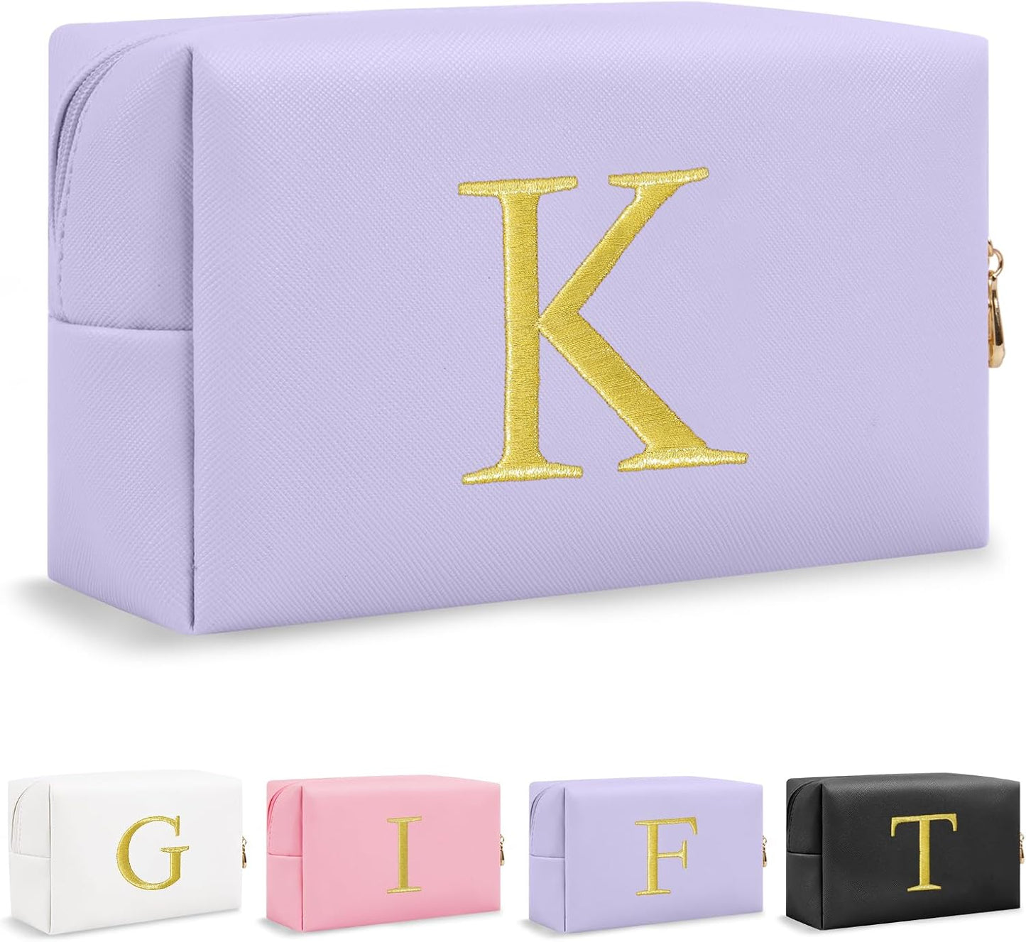 Personalized Initial Makeup Bag - Gold Embroidered Cosmetic Bag for Teens | Custom Travel Toiletry Bag (Black)