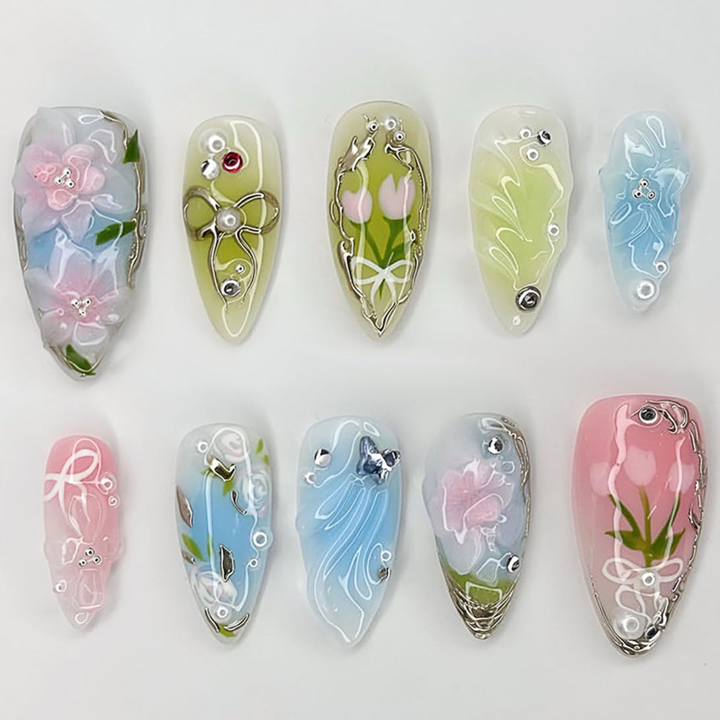 Short Almond Press-On Nails - 24 Pcs French Tip with Leopard Print & Gold Beads | Reusable Acrylic Nail Designs for Women
