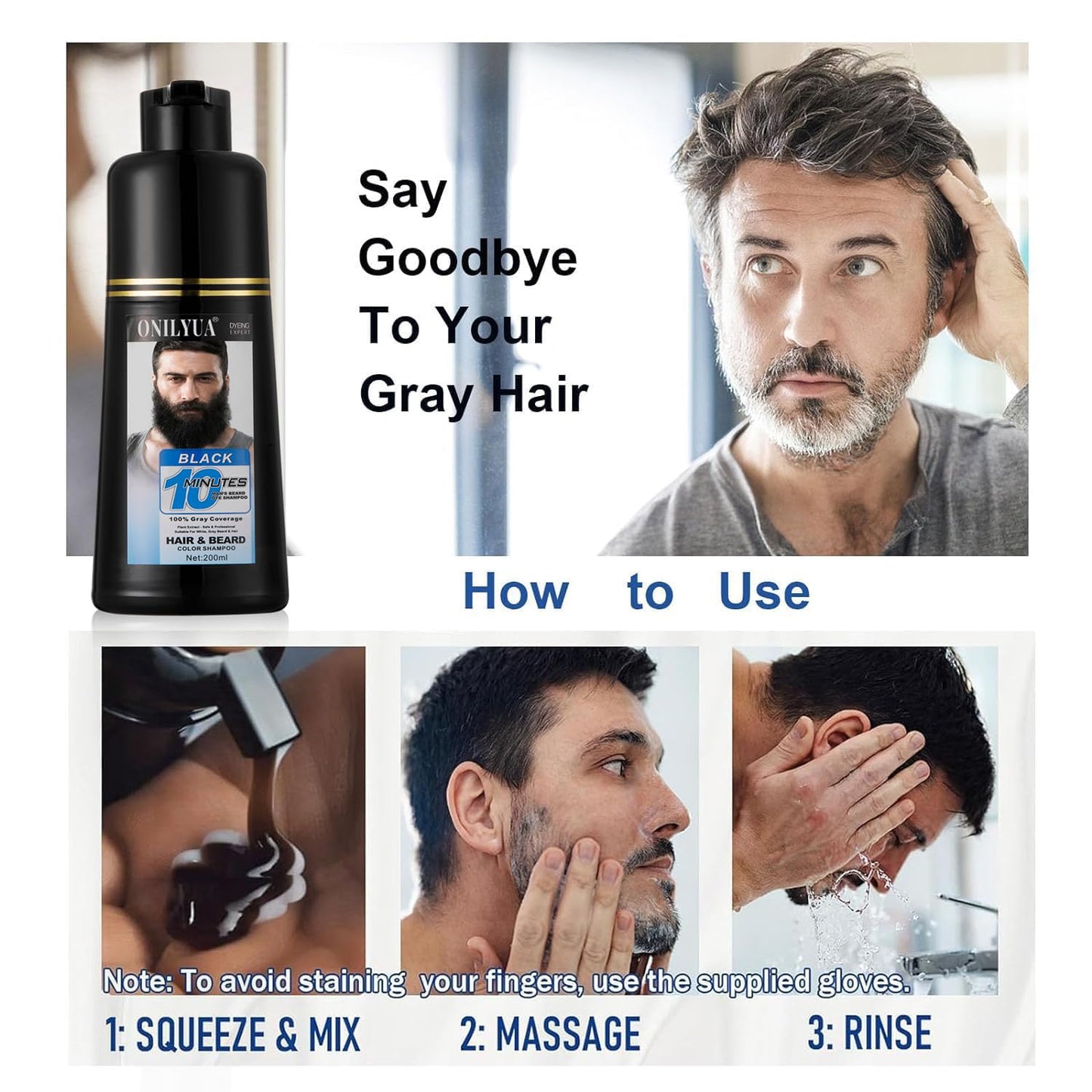 Men's Beard Dye & Hair Dye Shampoo - Semi-Permanent Black Beard Color for Instant Gray Coverage | Natural Formula, Works in 10 Minutes