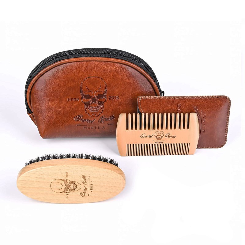 Menesia Beard Brush and Comb Set, Boar Bristle Hair Beard Brush Kit with Small Leather Travel Toiletry Bag Case for Men, Include Men's Wooden Mustache Comb