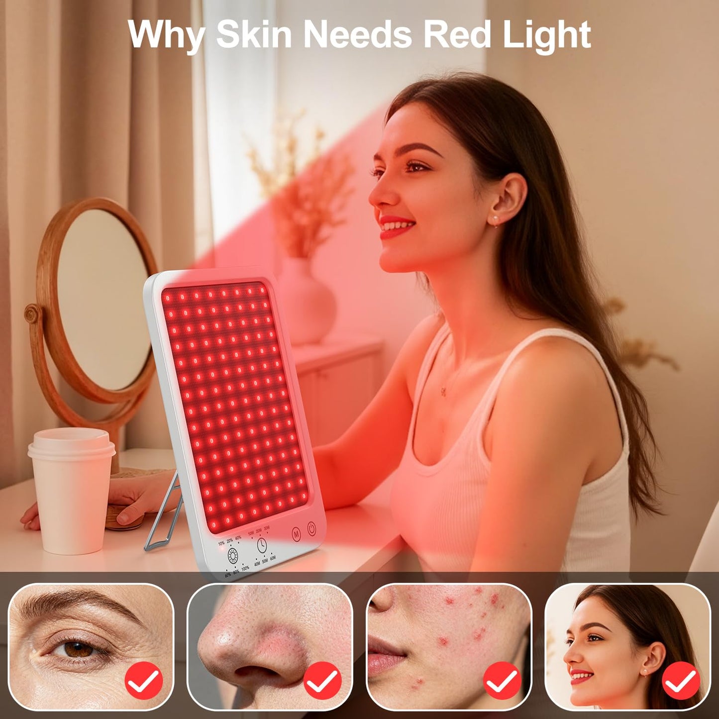 Red Light Therapy for Face and Body, Dual 660nm & 850nm Near Infrared Red Light Therapy Panel with Adjustable Stand and Timer, 3 Modes and 6 Brightness Levels,Ideal Gift for Family & Friends (white)