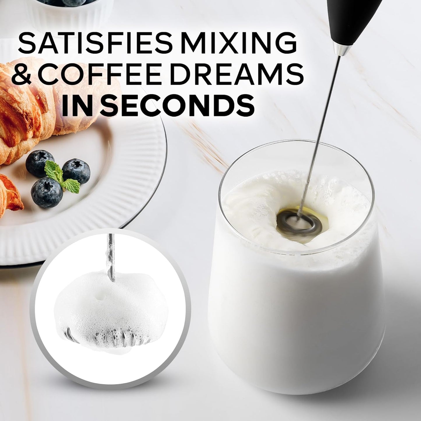 Zulay Kitchen Milk Frother Wand - Ultra Fast Electric Whisk for Coffee, Lattes & Matcha - Black