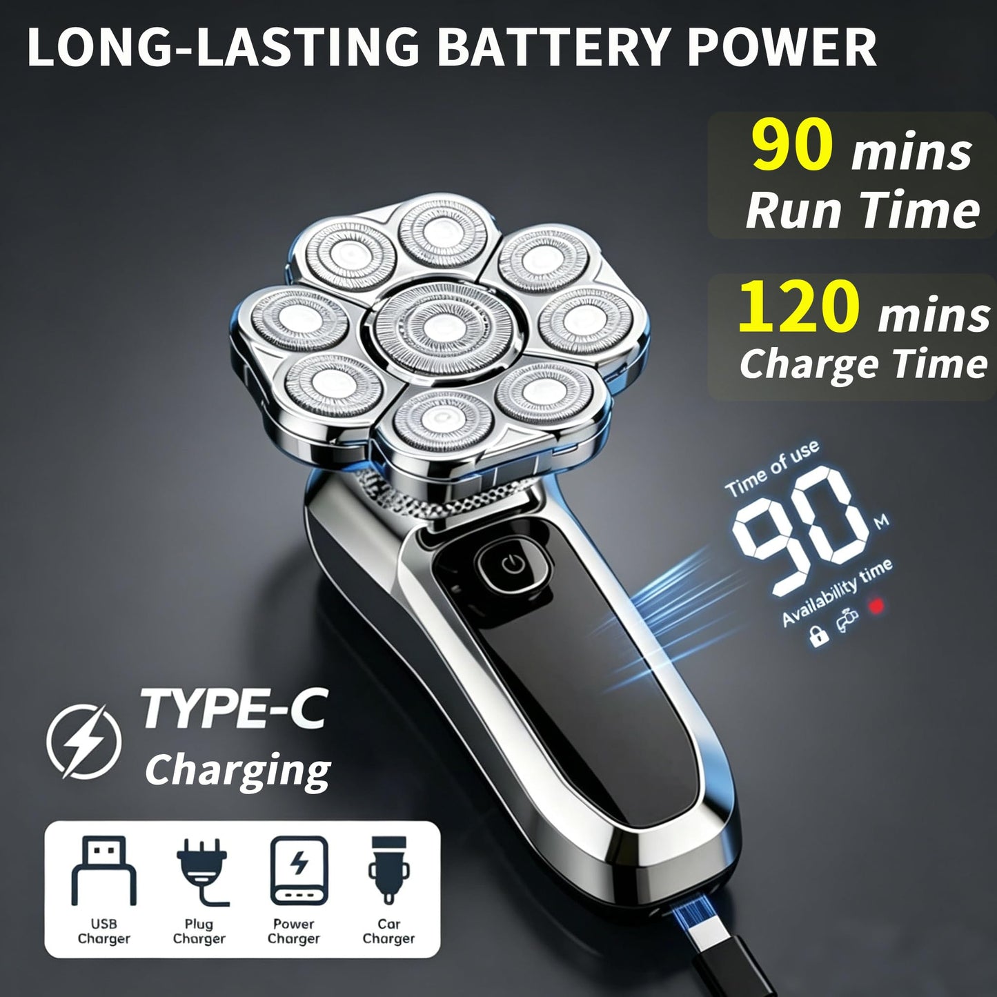 YINICARE® Head Shaver for Bald Men Electric Razor for Fast Shower Shaving with 9D Rotary Blades 6-in-1 Grooming Kit for Head Face Beard Nose Body Hair Trimmer Wet & Dry Cordless USB-C Charging
