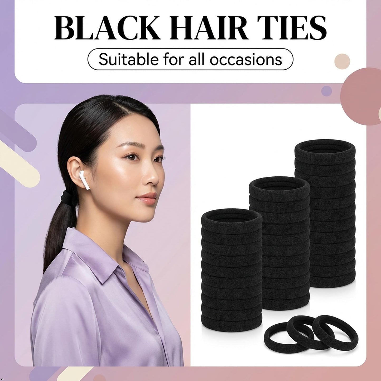 Ayogost 180Pcs Black Hair Ties No Damage for Thick Hair, High Stretch Hair Bands, Seamless Cotton Ponytail Holders for Women Girls or Men, Ouchless Elastic Hair Ties for Gym & Daily Use
