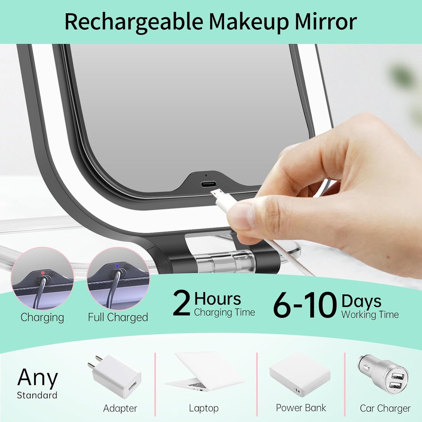 Rechargeable Travel Makeup Mirror - 30X Magnification, 7" Lighted Vanity Mirror with 3 Color Lighting & Dimming | Black