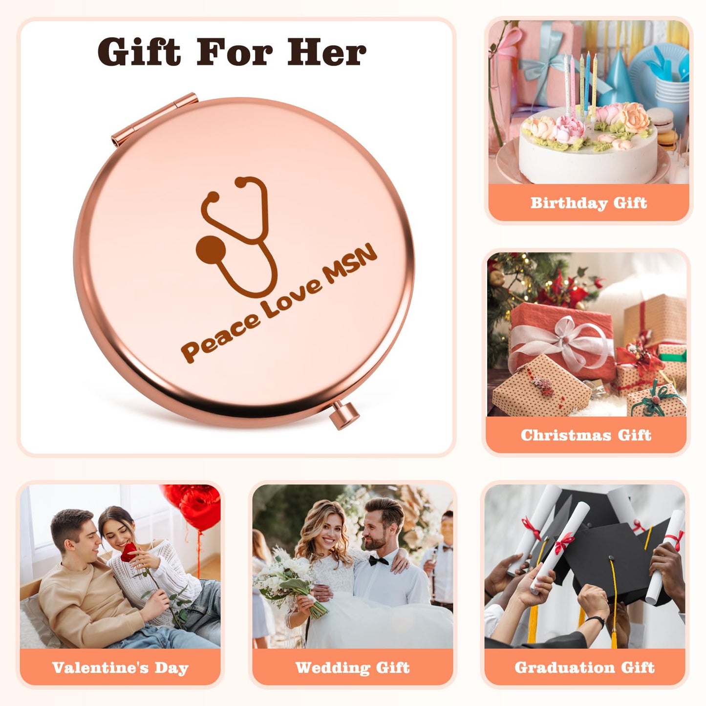 Xiecolty MSN Gifts Compact Mirror Masters of Science in Nursing Gifts for Christmas Birthday Nurse Week Appreciation Nurse Thank You Gift for Women Folding Makeup Mirror Rose Gold