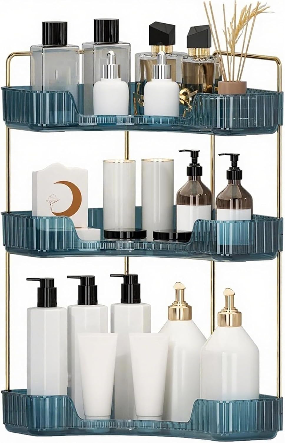 Corner Bathroom Countertop Organizer - 3-Tier Vanity Makeup & Perfume Storage Tray | Blue