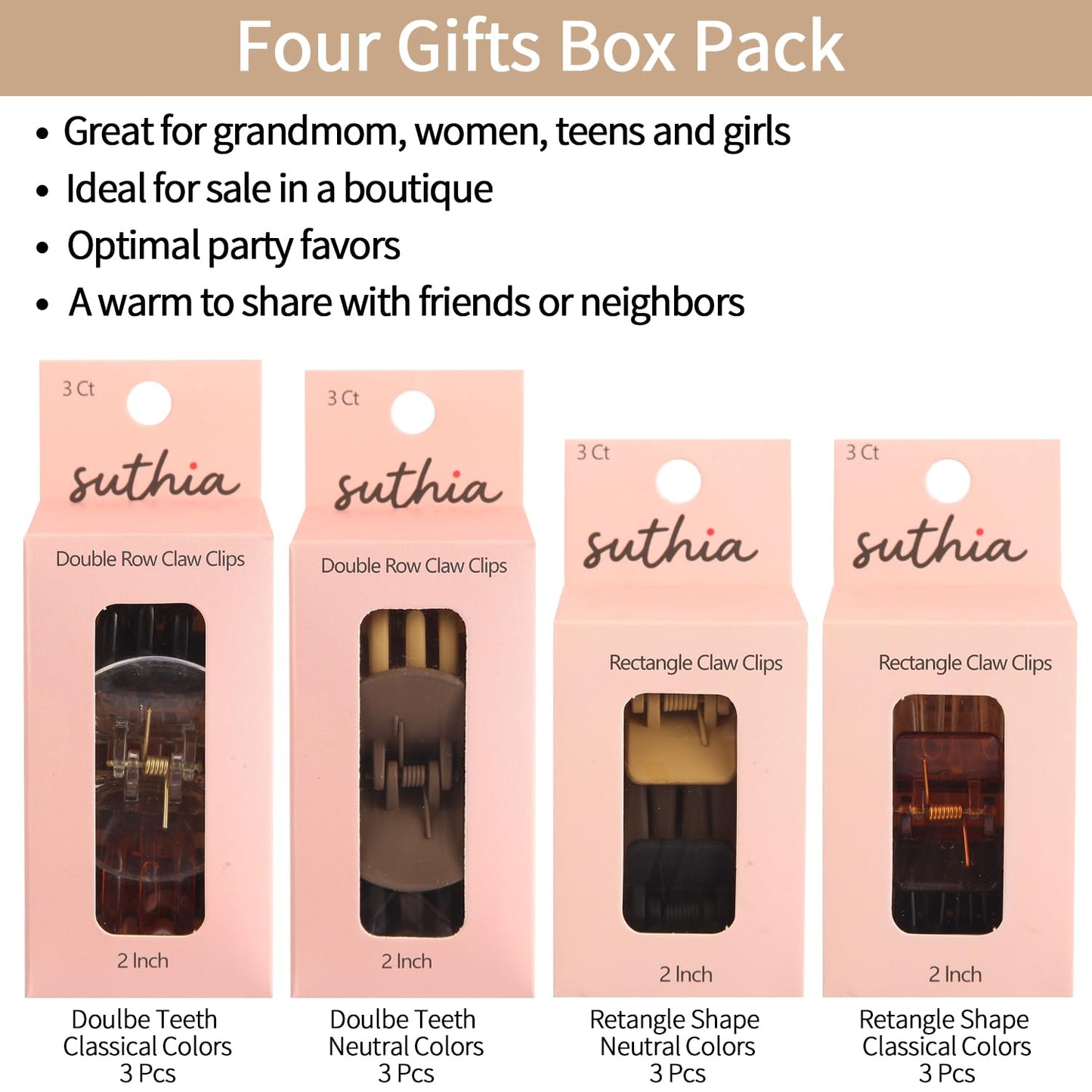 Medium Hair Clips for Women | 12-Pack Small Claw Clips for All Hair Types - No Slip, Double Row Design