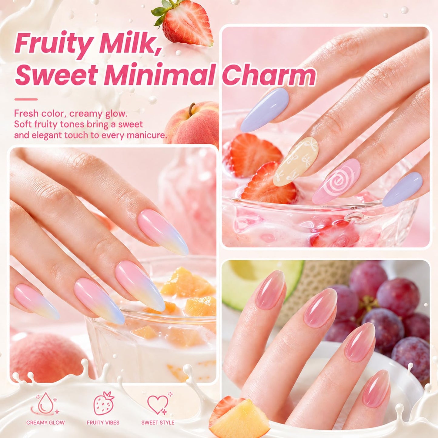 Beetles Fruity Milk Jelly Gel Nail Polish Set - 6 Colors Spring Pastel Gel Polish Kit Pink Purple Blue Peach Nude Green Yellow Sheer Translucent Effect Soak Off UV Nail Art Manicure Gift for Women