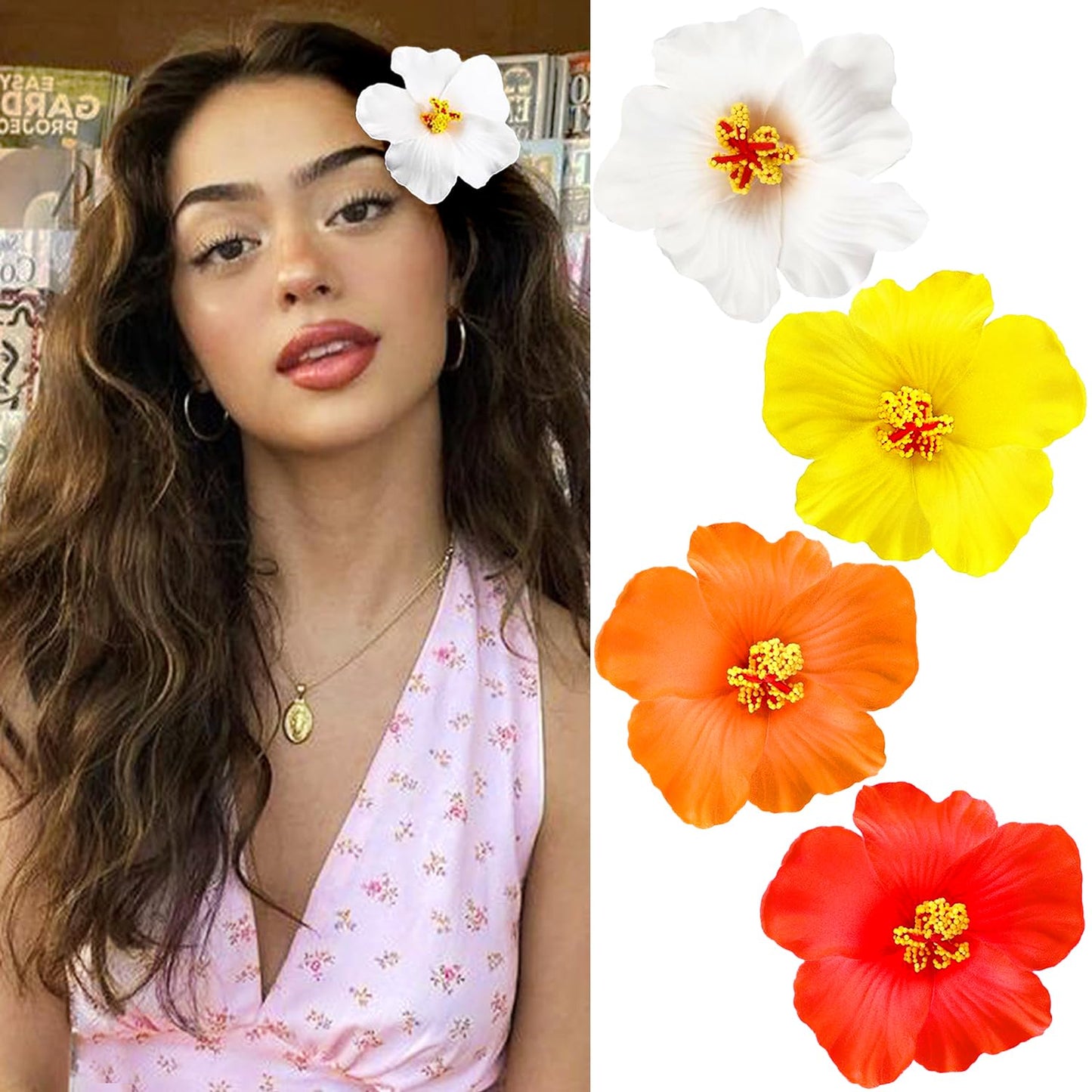 Hawaiian Flower Hair Clips - 4 Pcs Plumeria & Hibiscus Barrettes | 3.5 Inch Artificial Floral Accessories for Beach & Wedding