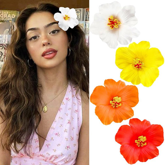 Hawaiian Flower Hair Clips - 4 Pcs Plumeria & Hibiscus Barrettes | 3.5 Inch Artificial Floral Accessories for Beach & Wedding