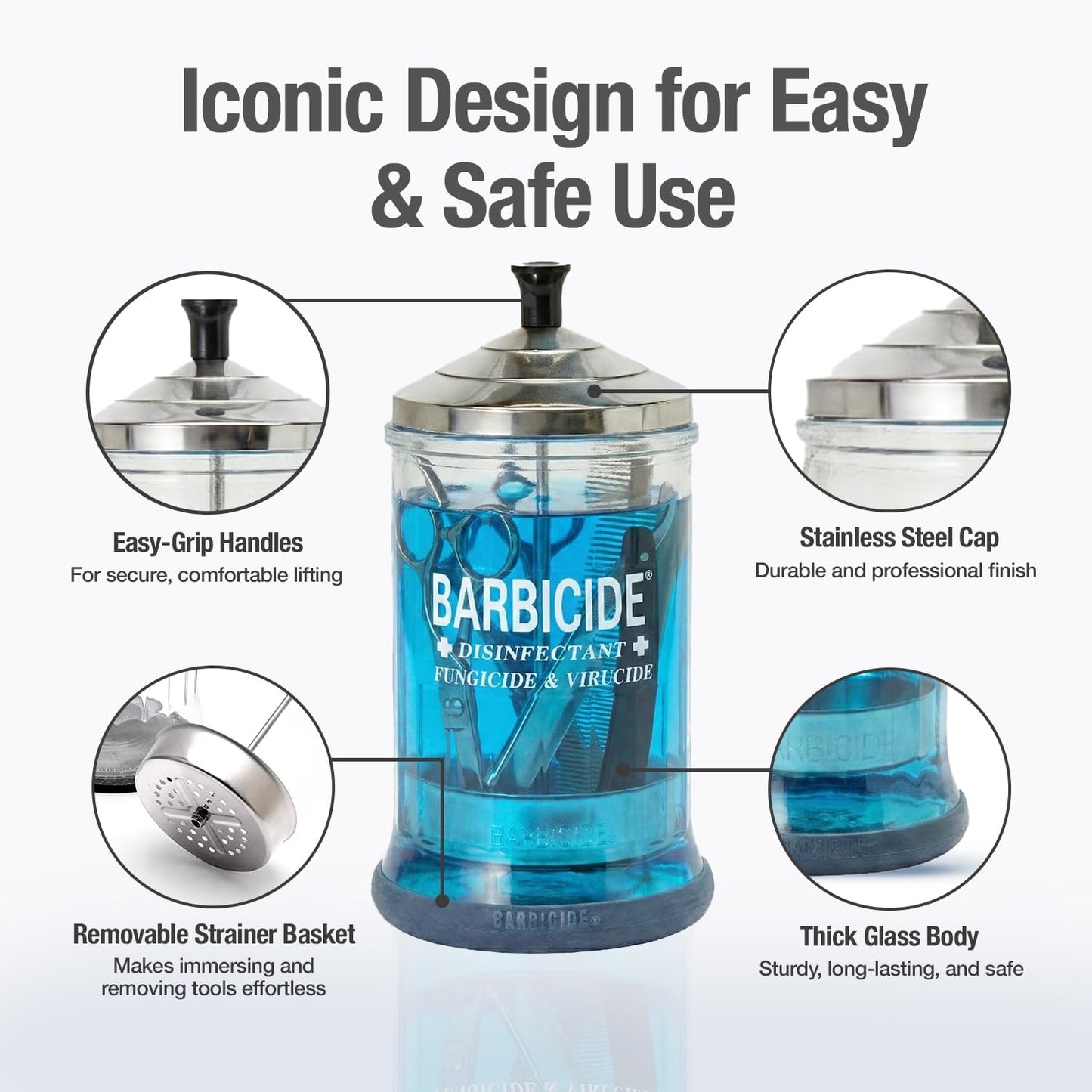 BARBICIDE Disinfectant Jar – Durable Glass Immersion Container with Stainless Steel Lid and Tray – Professional Tool Sanitizer for Combs, Brushes, Nail Tools & Implements - (MidSize - 21 Fl Oz)