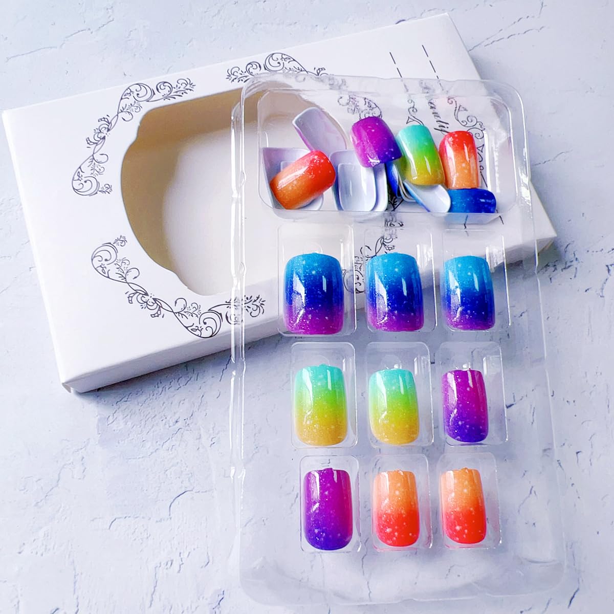 Short Square Press On Nails - Cute Glitter Gradient Full Cover Acrylic Nail Tips | 24PCS for Women