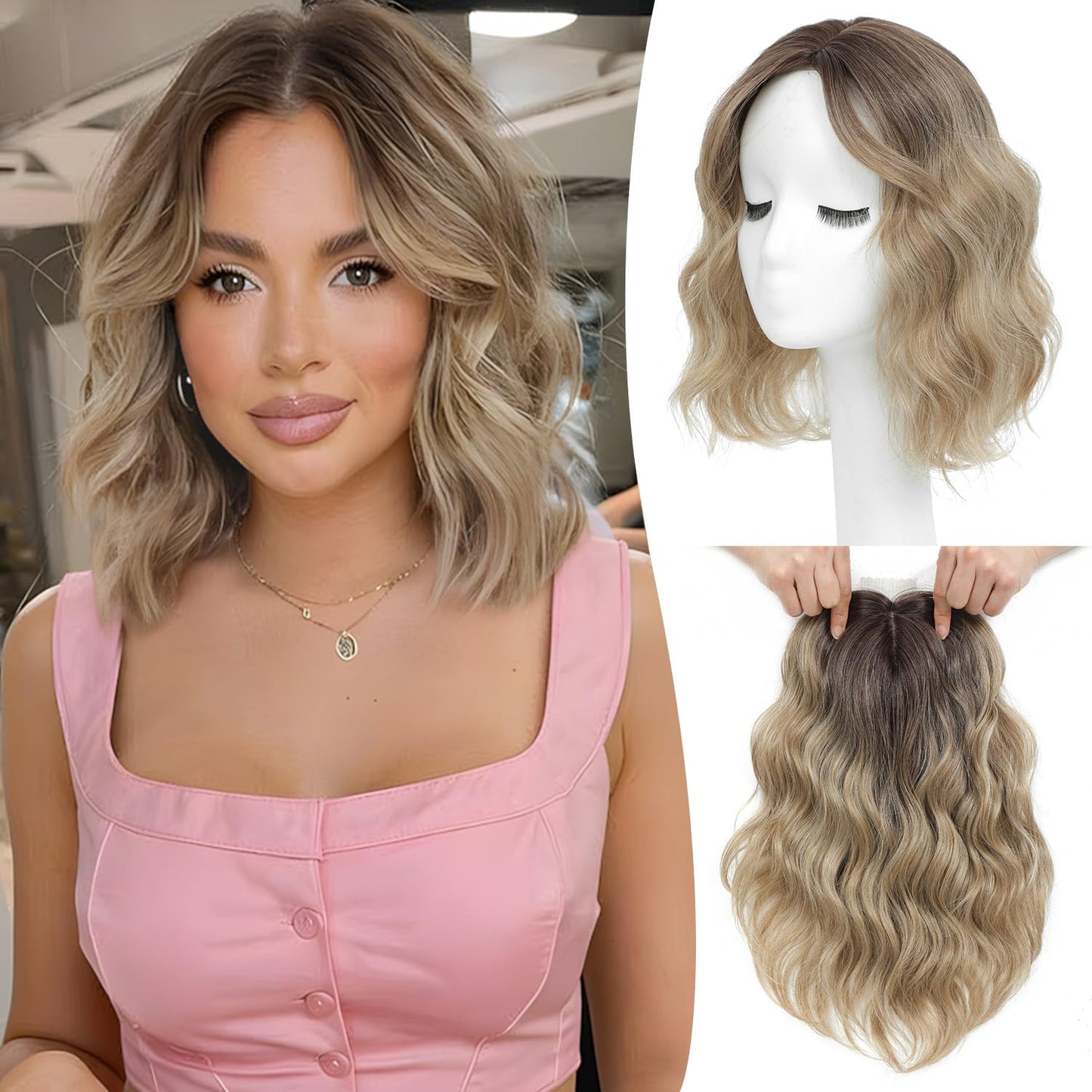 Short Wavy Hair Topper for Women - 11 Inch Natural Synthetic Hairpiece, Lightweight & Breathable | Dark Brown, 6.5"x6.5" Base
