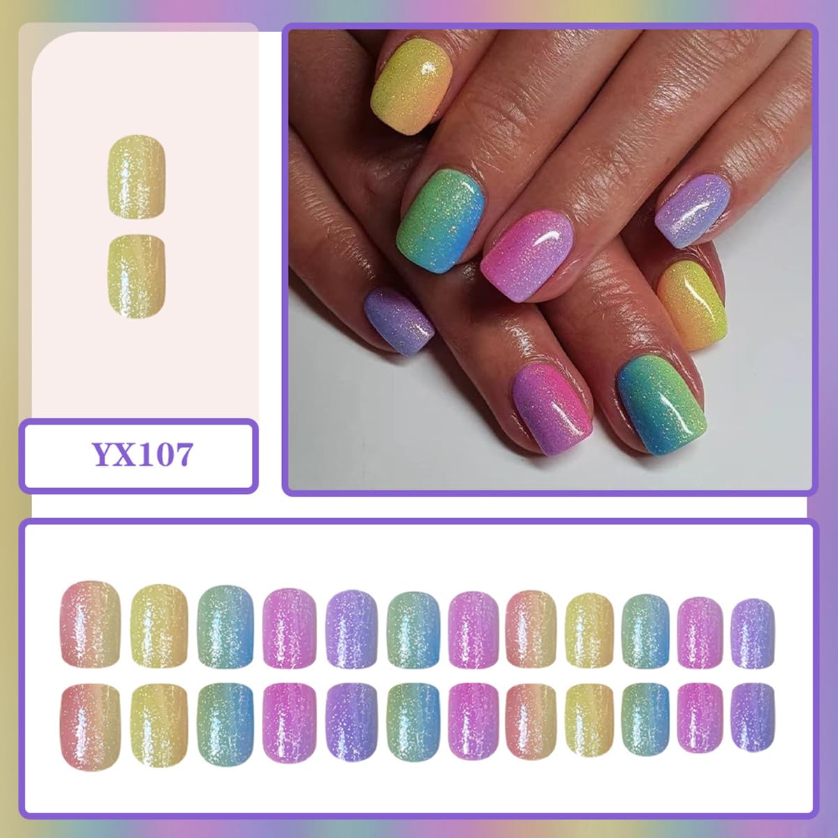 Summer Ombre Press-On Nails | Short Square Acrylic Nail Tips in Rainbow Colors - 24 Pcs Reusable Full Cover Set