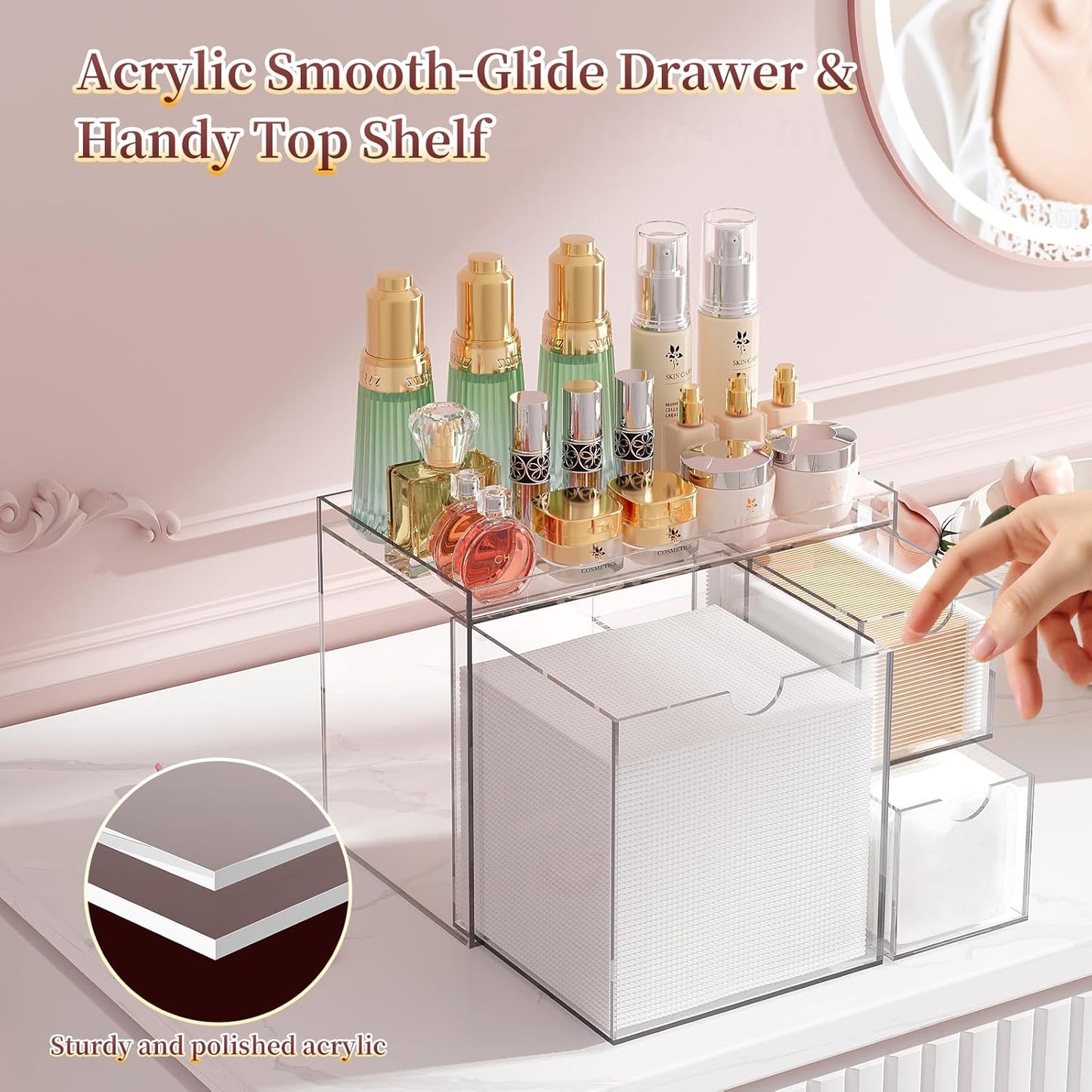 Clear Acrylic Face Towel Holder - 3 Drawer Organizer for XL Facial Towels, Cotton Pads & Skincare Tools | Bathroom Vanity Storage