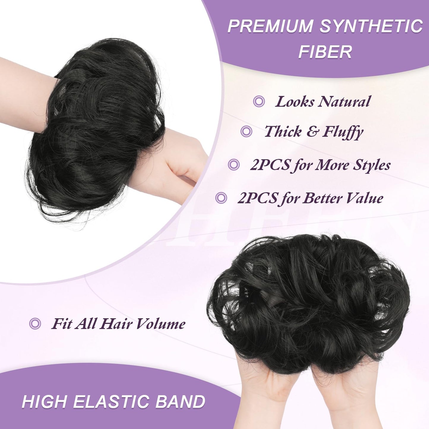 FESHFEN 2PCs Small Messy Bun Hair Piece for Thin Hair Women Girl Mini Synthetic Elastic Wavy Space-bun Scrunchies Updo Hairpieces, Black