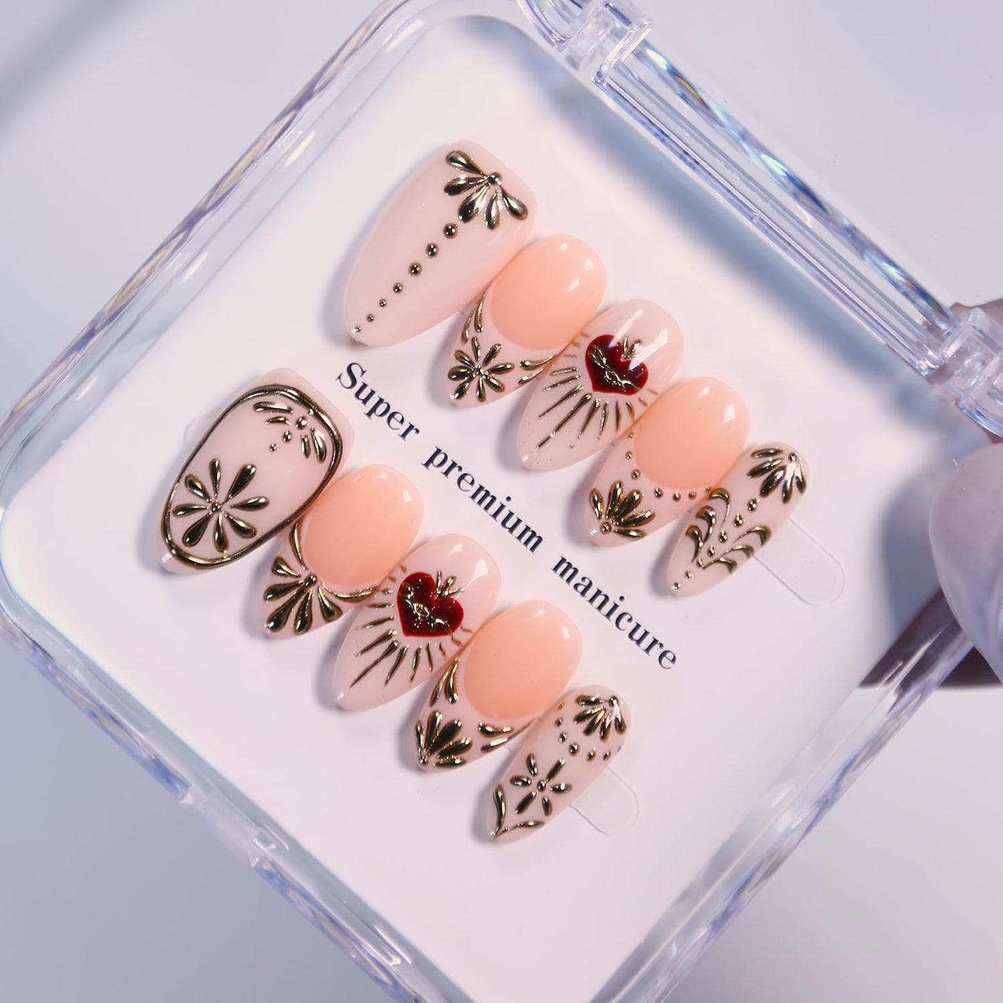 Press On Almond Nails - Handmade 3D Design, Thick Acrylic Gel | Reusable DIY Artificial Nails for Women (10 Pieces)