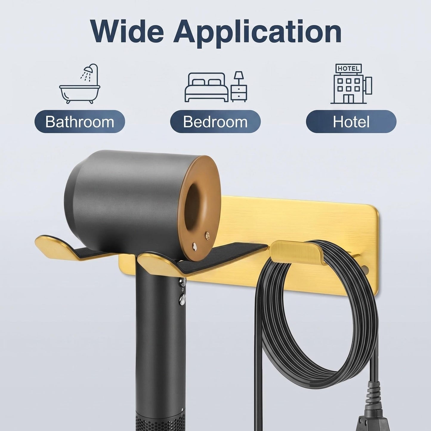 YOUGRIDDA Hair Dryer Holder Wall Mount, Universal No-Drill Stainless Steel Organizer with 3M Adhesive & Screws, Space Saving Blow Dryer Hanger for Bathroom Bedroom Salon RV (Gold)